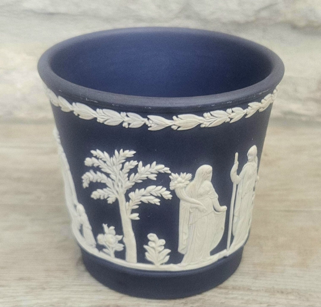 Vintage Wedgwood Cobalt Blue White Relief Neoclassical Small Cache Pot Made in England 7.5cm Tall