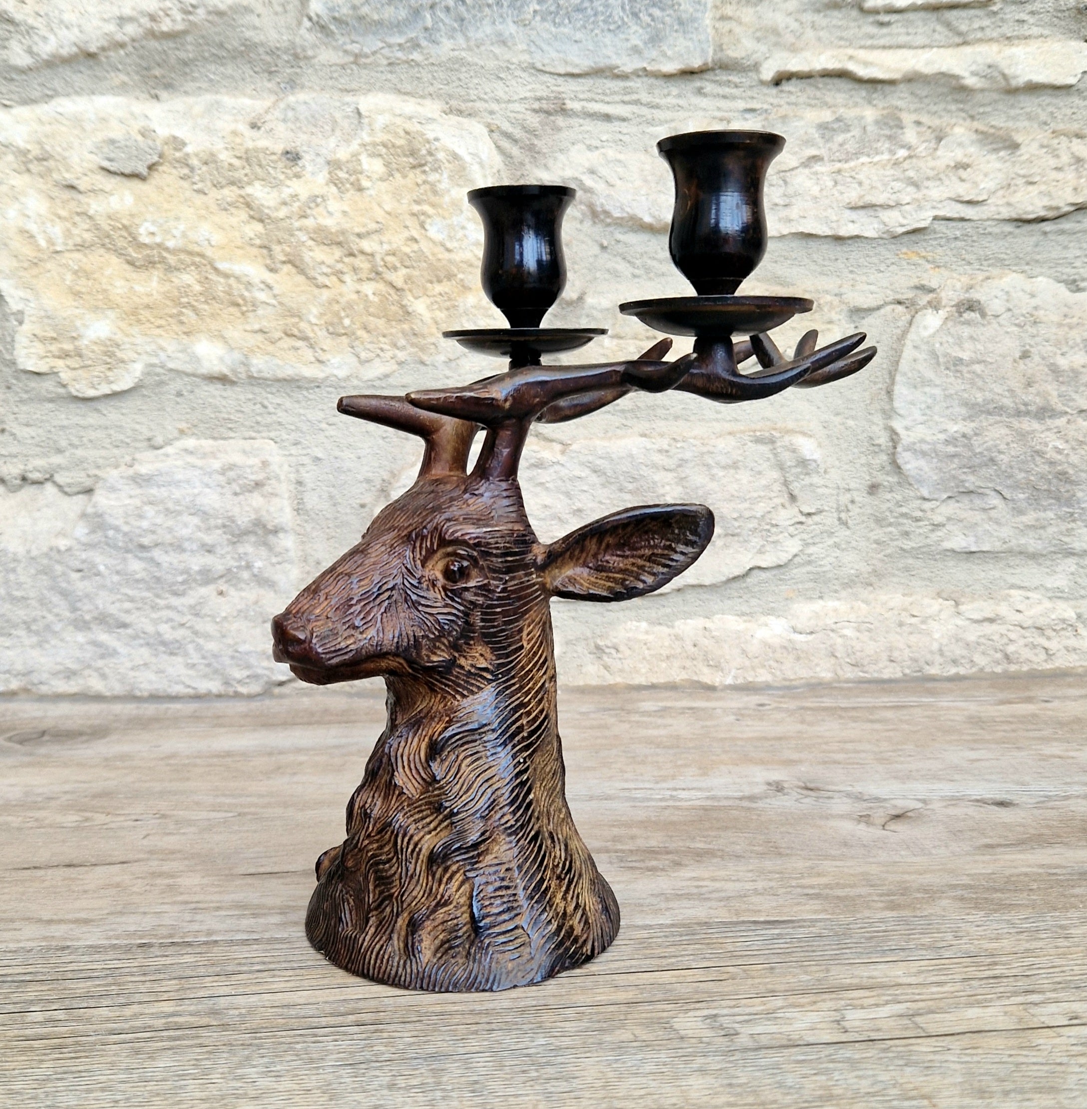 Vintage Heavy Patinated Bronze Stag Head Bust Double Candle Holder Table Decor