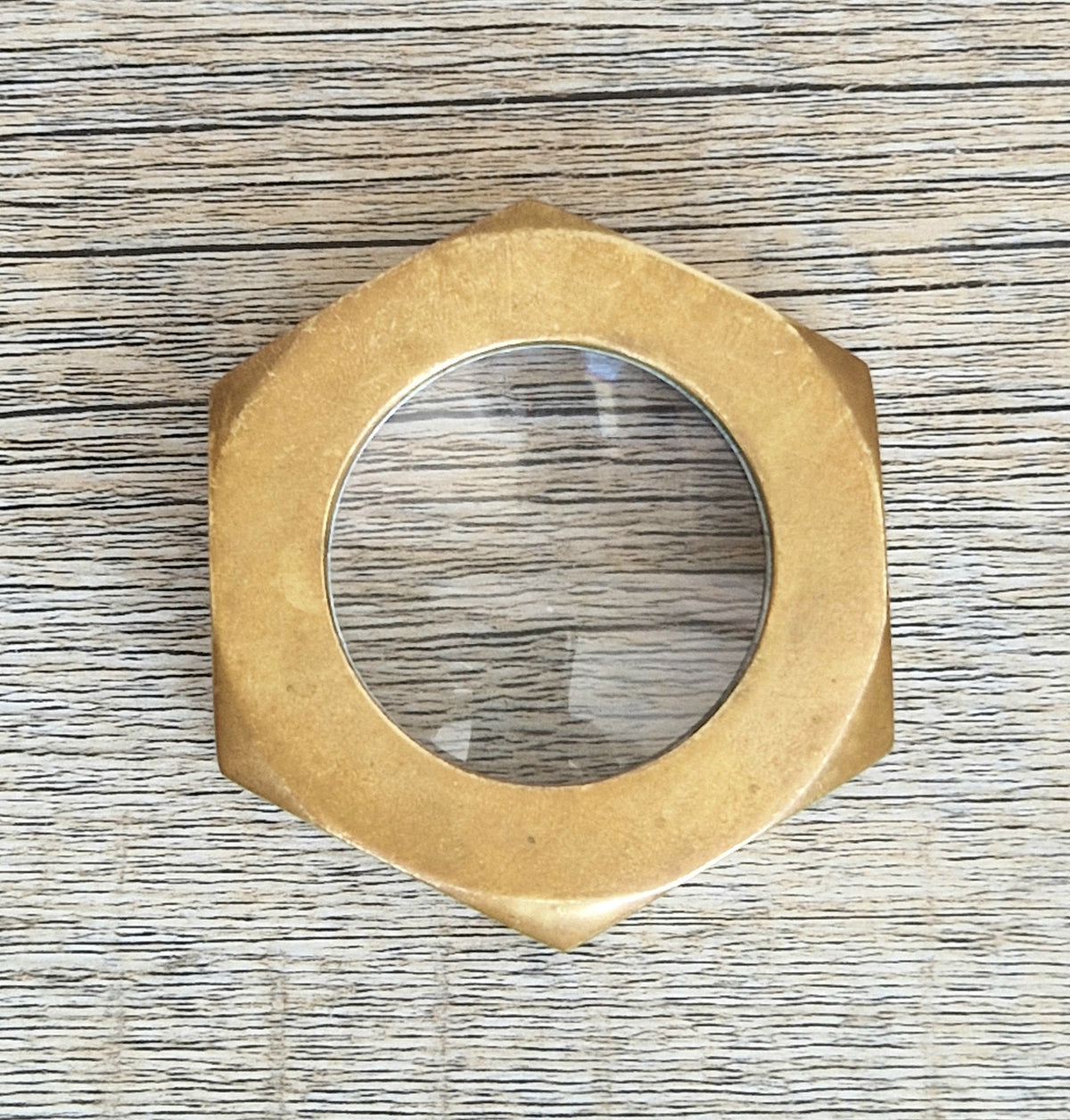Carl Auböck Brass Hexagon Nut Magnifier Paperweight, Vintage Austria Werkstätte 1950s Desk Accessory, Model 5071 Authentic