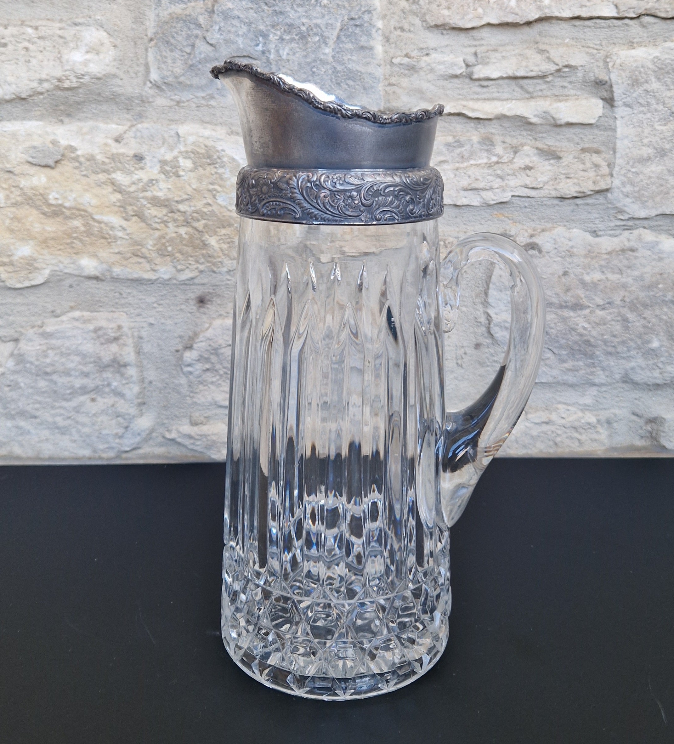 English Heavy Cut Glass & Pewter Water Pitcher Circa 1890 Antique Crystal