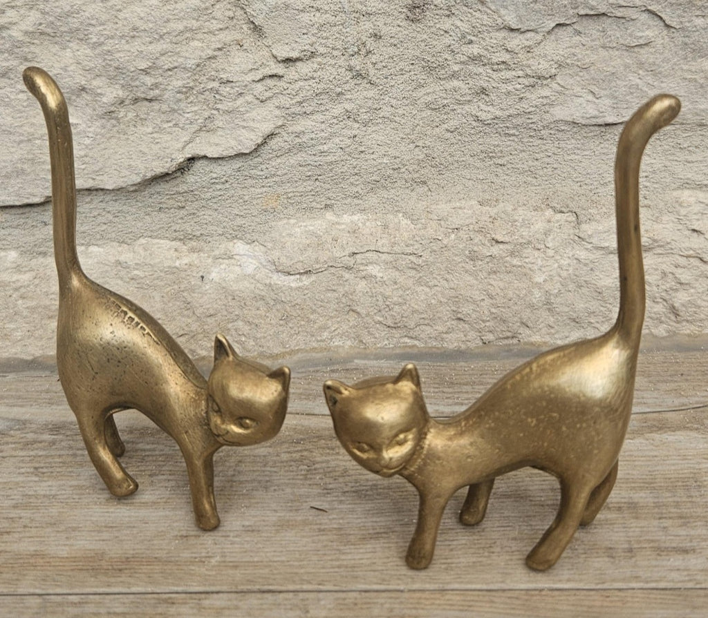 Mid-Century Solid Brass Cat Figurines: Pair of Cat Ornaments