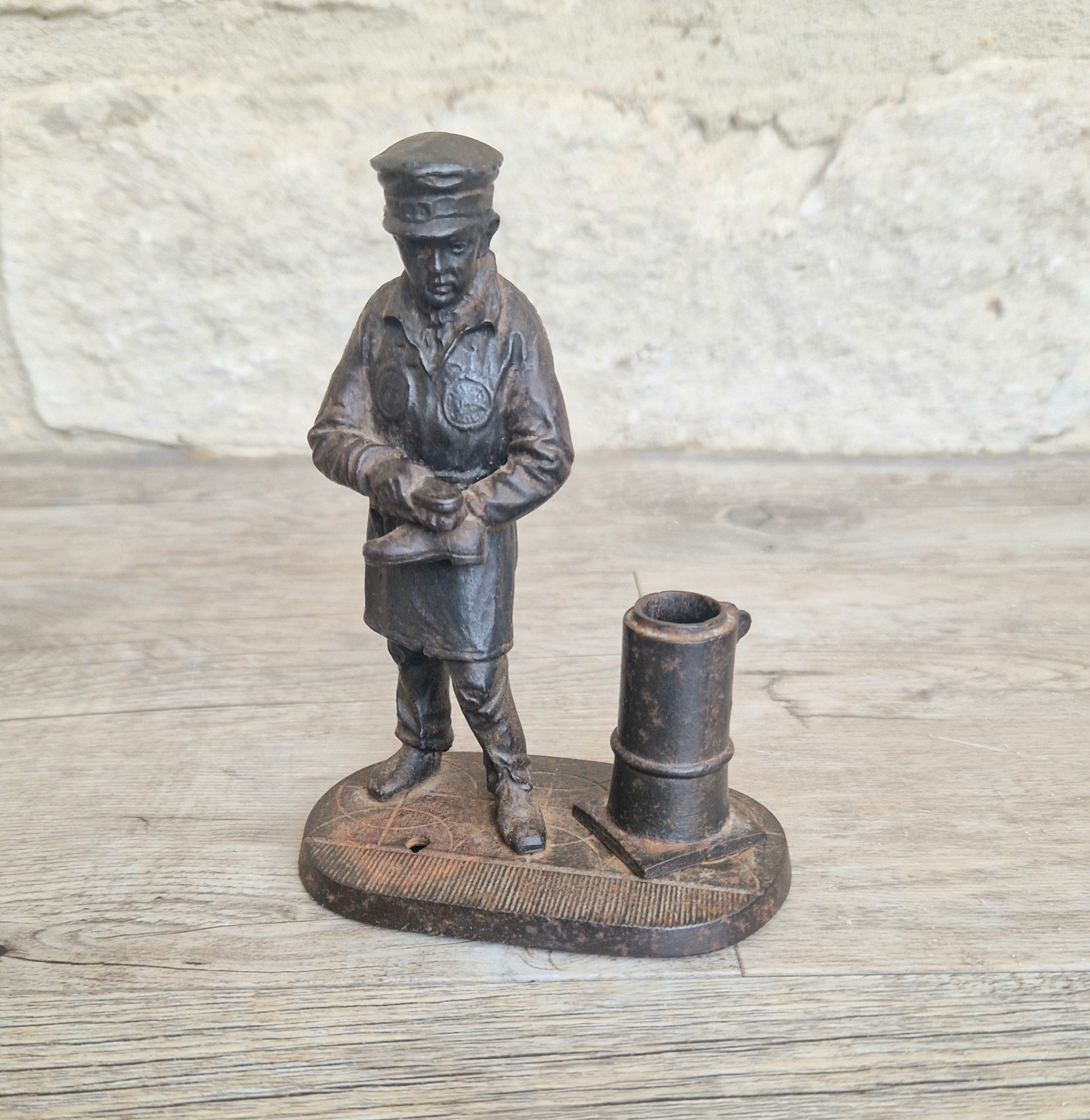 Rare Antique E.G. Zimmermann Hanau Cast Iron Shoeshine Boy Figural Table Match Holder & Striker