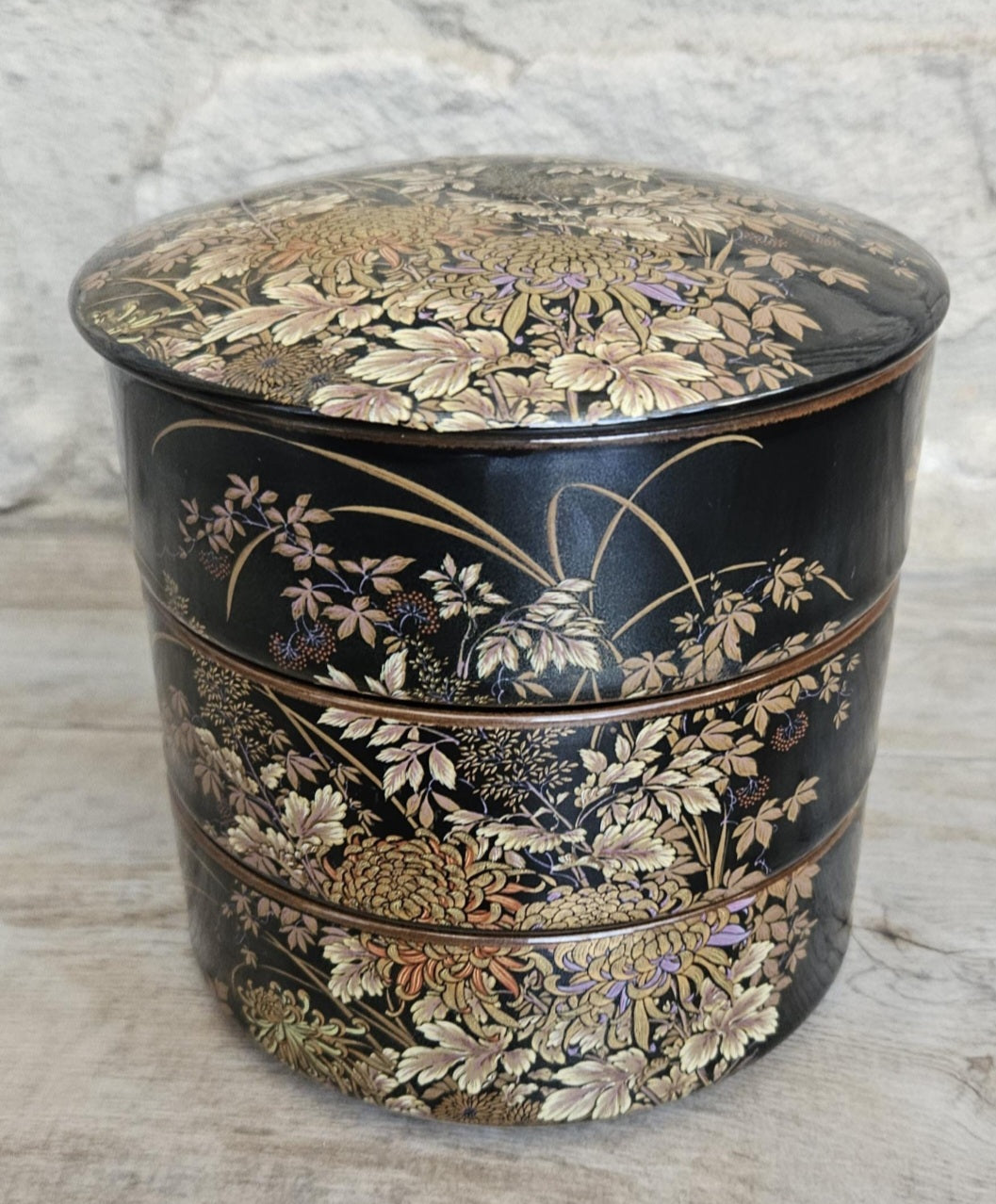 Japanese 3 Tiered Porcelain Lidded Box Butterfly Flowers Shibata Toki Vintage