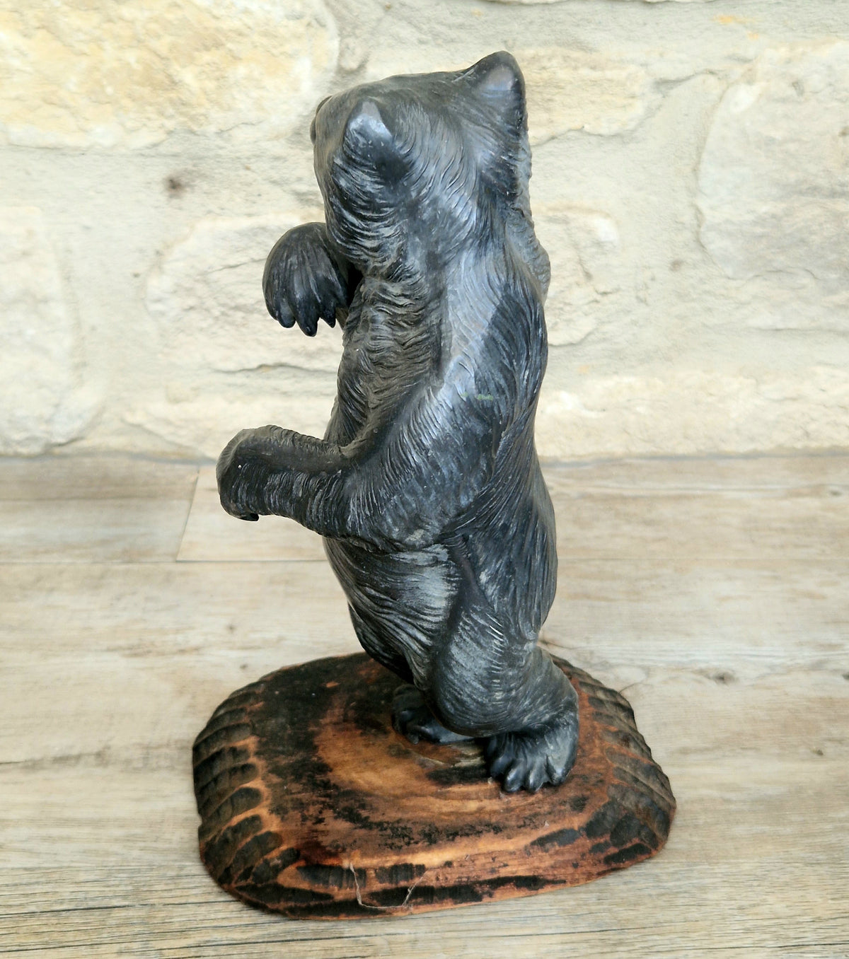 Cast Spelter Standing Bear Sculpture On Rustic Wood Base Rare Antique Art Deco