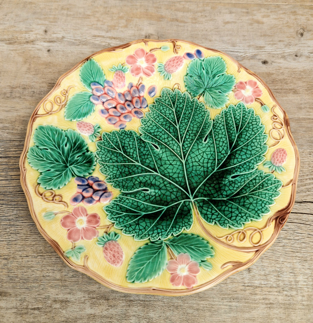 Rare Vintage Wedgwood Majolica Yellow Ground Strawberry Vine Plate 1930s English Pottery Exceptional Condition Grape Leaf & Berries