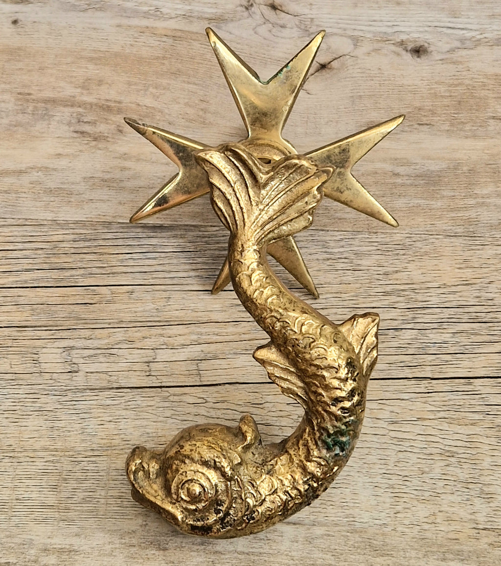 Vintage Heavy Cast Brass Maltese Cross & Dolphin Door Knocker 1950's