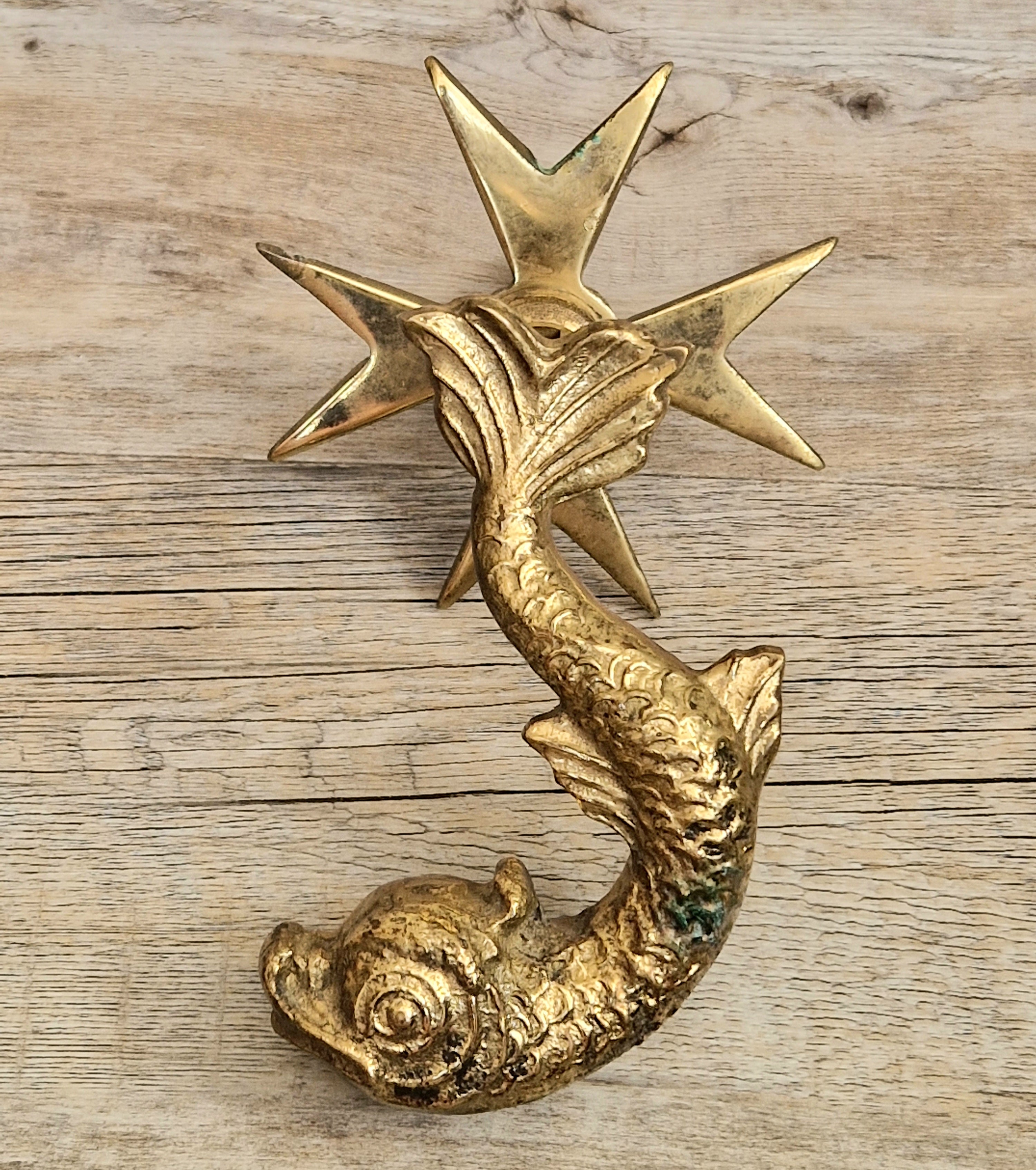 Vintage Heavy Cast Brass Maltese Cross & Dolphin Door Knocker 1950's