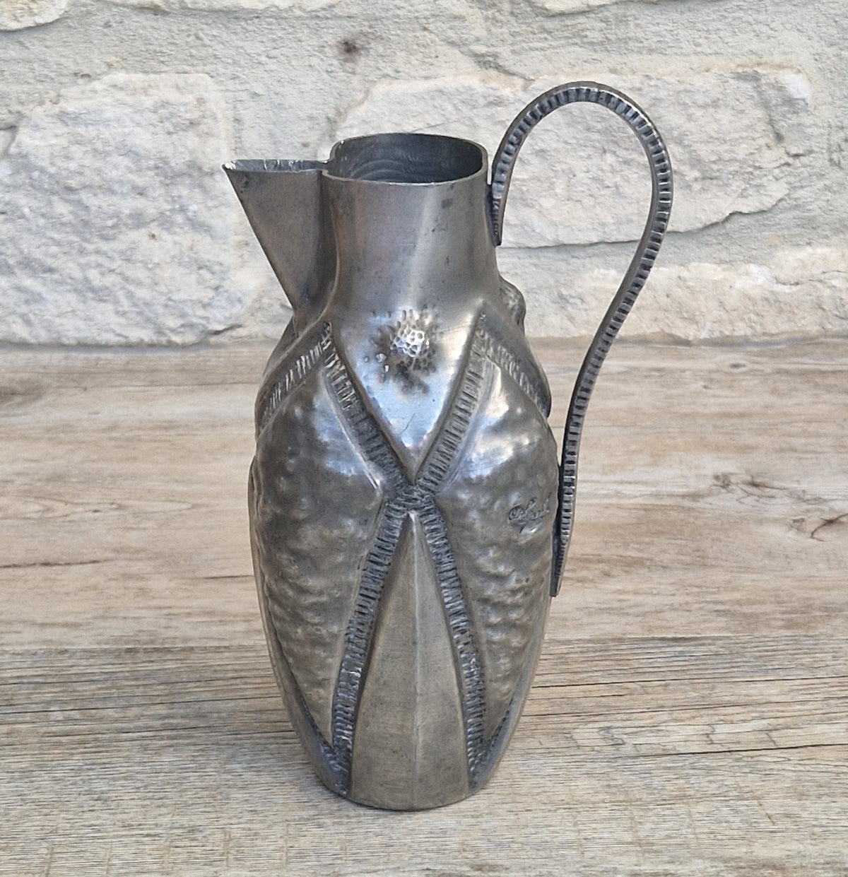 Antique French Art Deco Pewter Pitcher by Alice and Eugene Chanal Hand Hammered Jug Signed