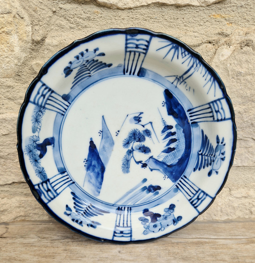 Japanese Ceramic Namasu-Zara Dish Blue & White Arita Edo 'Scholar's Retreat' Kraak Style Rare Antique