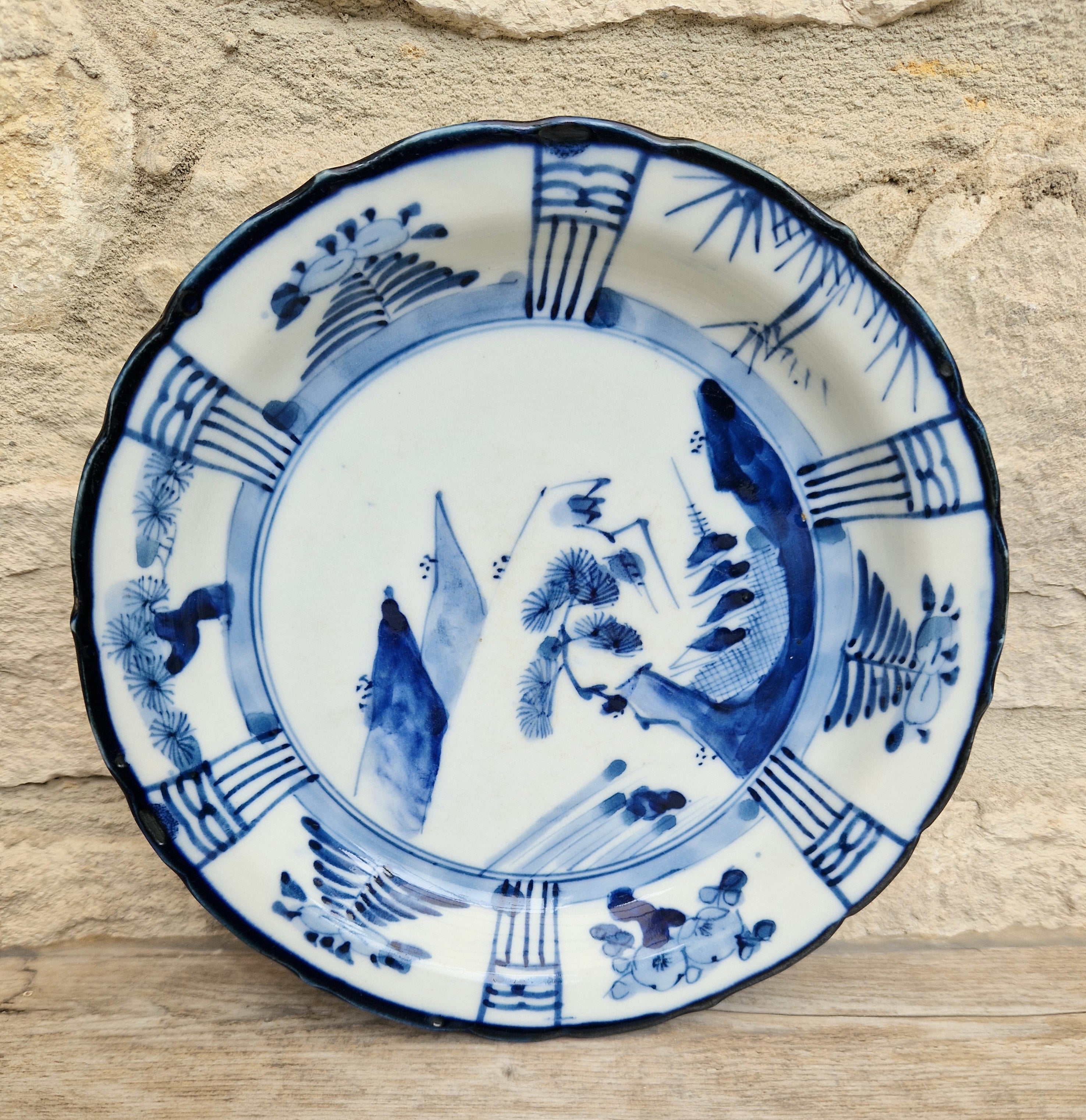 Japanese Ceramic Namasu-Zara Dish Blue & White Arita Edo 'Scholar's Retreat' Kraak Style Rare Antique