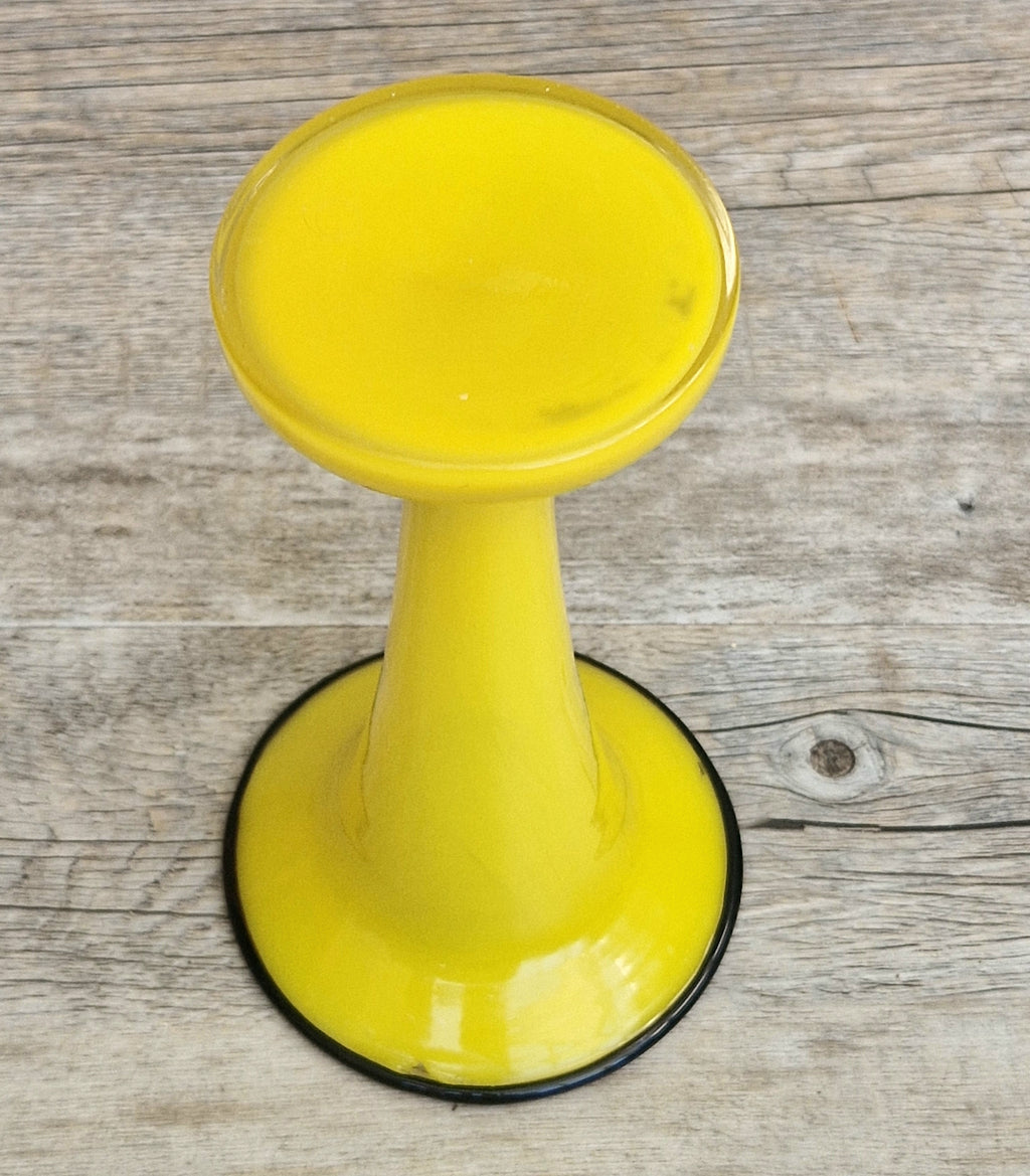 Vintage Bright Yellow Tango Glass Trumpet Vase with Black Rim 16cm