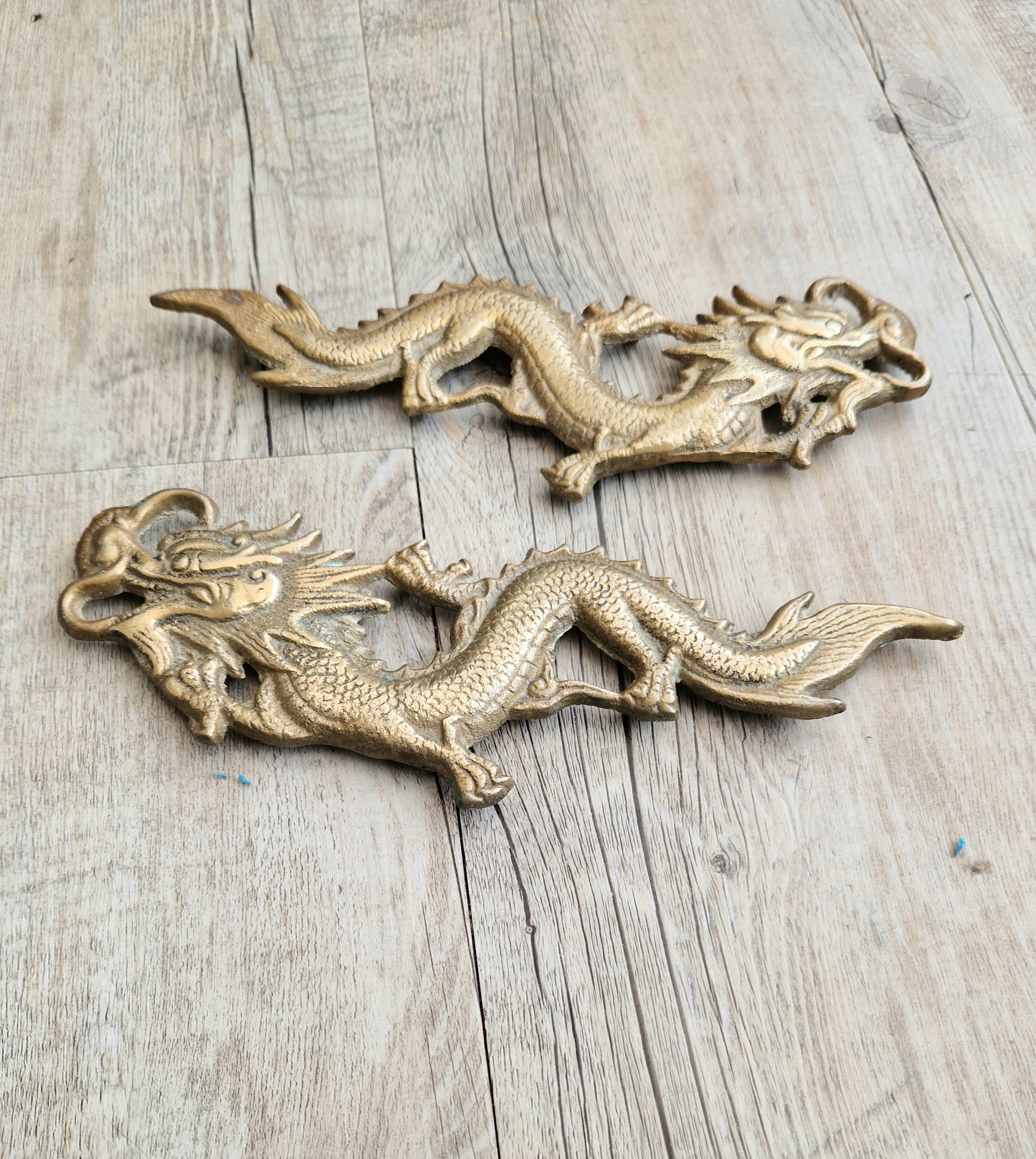 Pair Of Antique Heavy Cast Brass Chinese Dragons Wall Decoration or Door Pulls 22cm