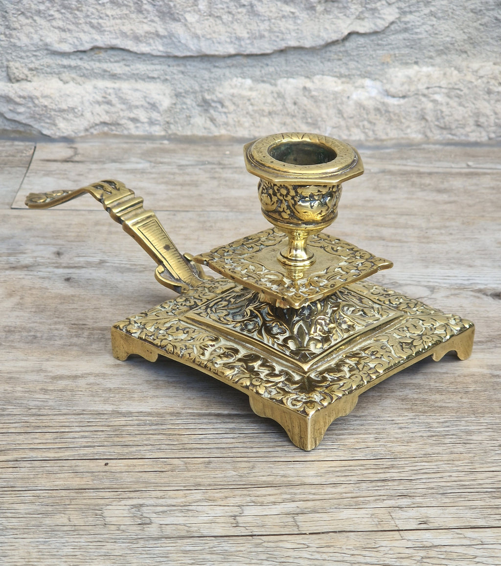 Fine French Antique Rococo Solid Brass Square Tiered Footed Chamberstick