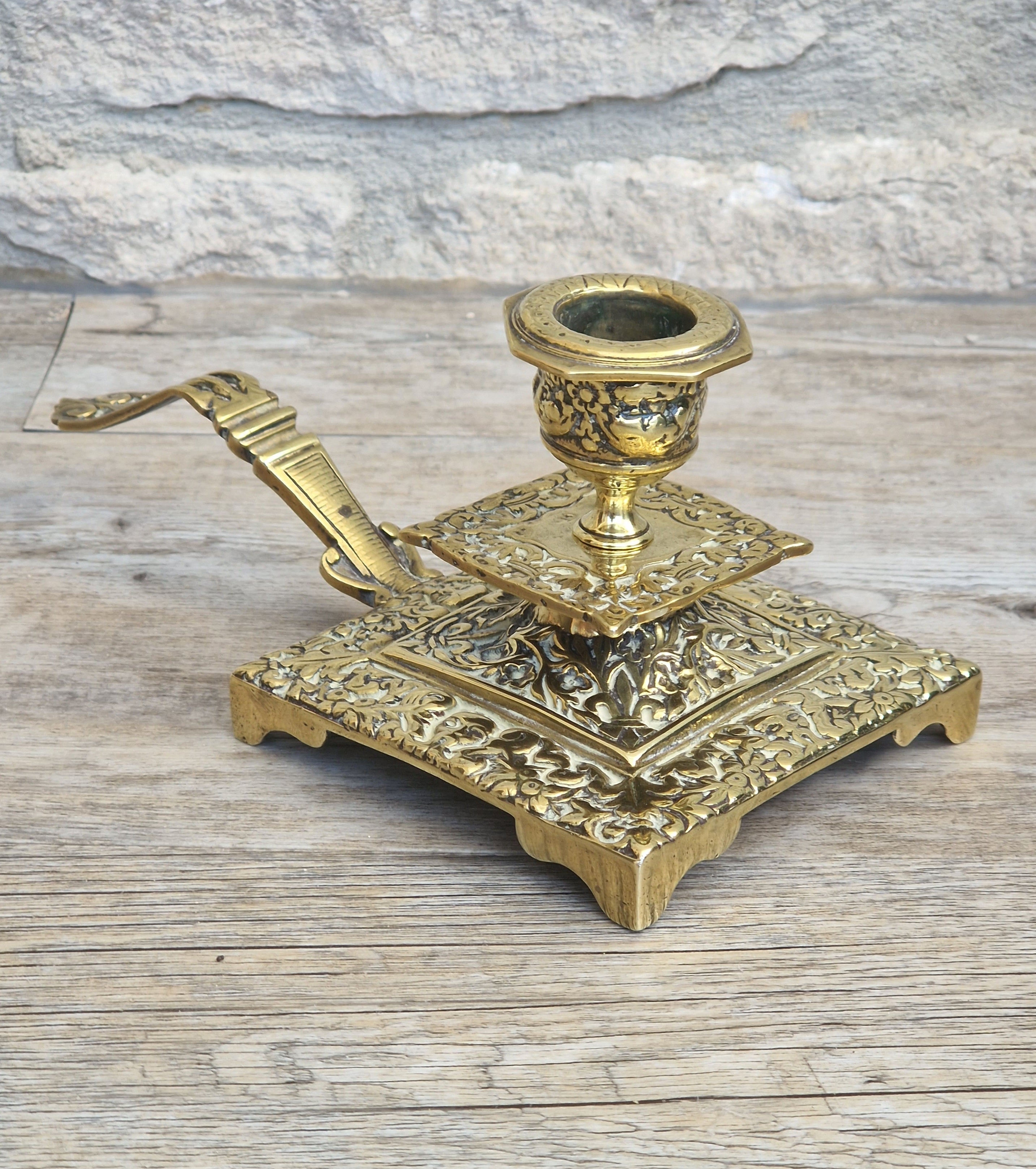 Fine French Antique Rococo Solid Brass Square Tiered Footed Chamberstick