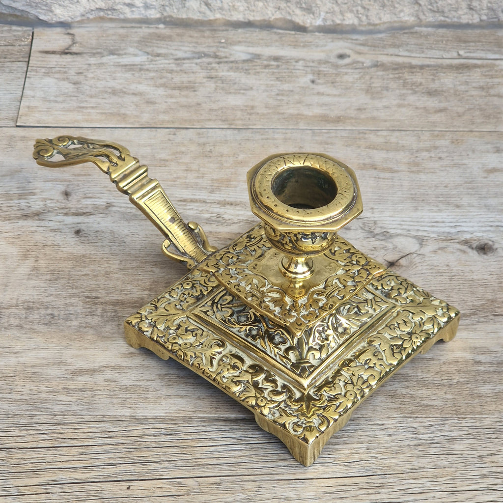 Fine French Antique Rococo Solid Brass Square Tiered Footed Chamberstick