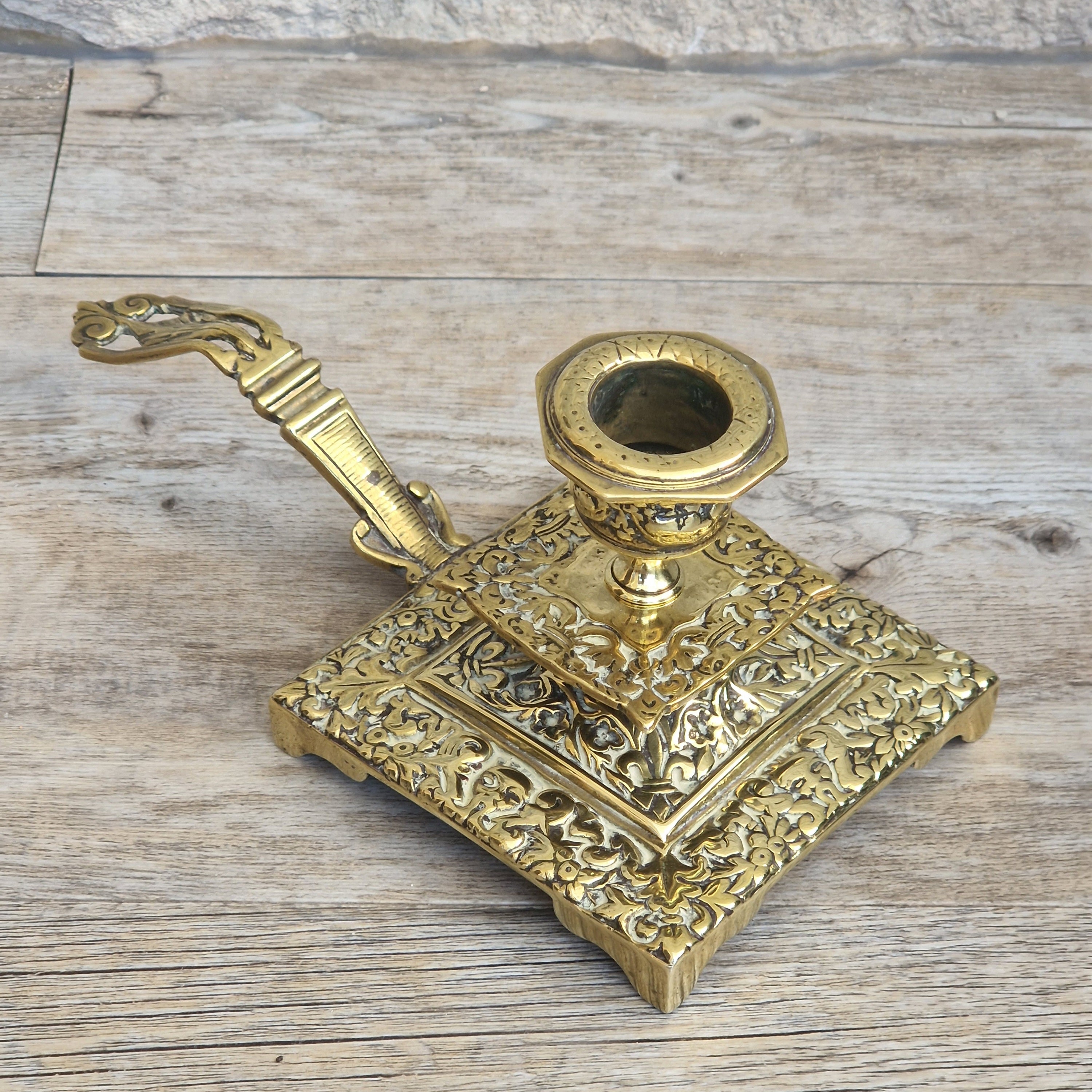 Fine French Antique Rococo Solid Brass Square Tiered Footed Chamberstick