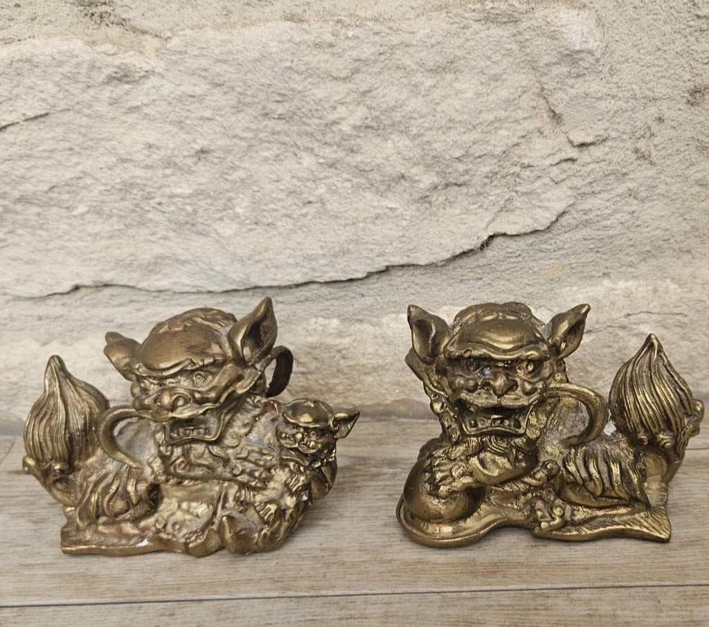 Vintage Small Chinese Pair Of Brass Male and Female Shi Shi Foo Dogs Figurines Statues