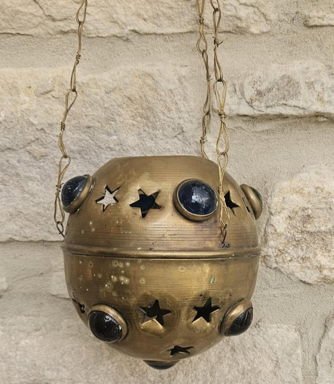 Vintage Pierced Brass Hanging Lantern with cabouchon verdigris Bohemian Moroccan