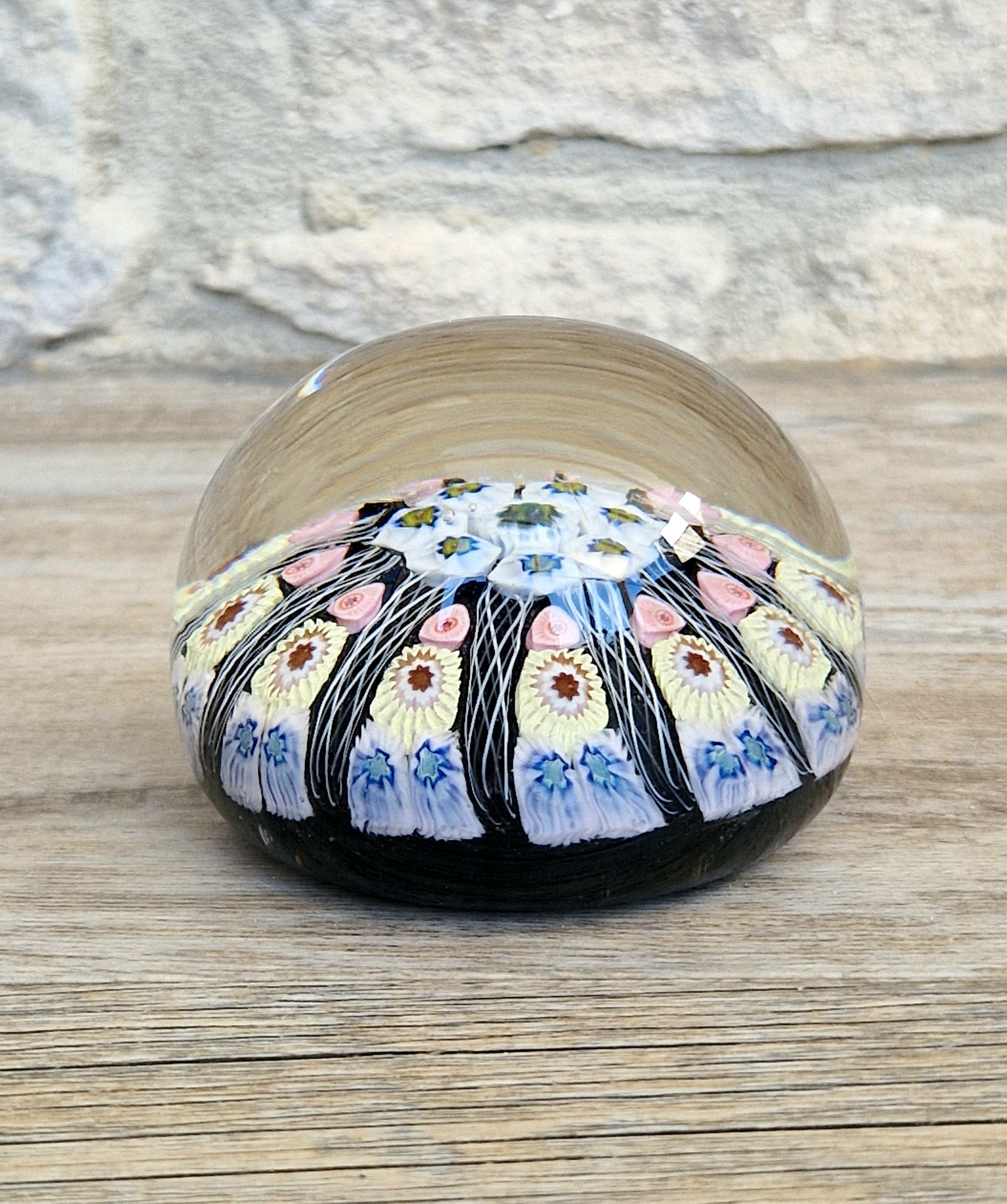 Strathearn Art Glass Paperweight 11 Spoke Millefiori with Filligree on Purple Ground Vintage