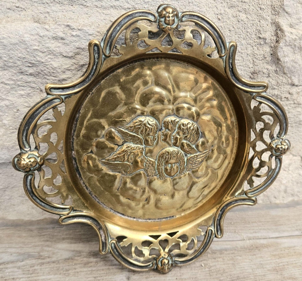 Antique Repoussé Brass Card Tray or Pin Dish "A Child's Angels" (Reynolds Angels) motif 14cm