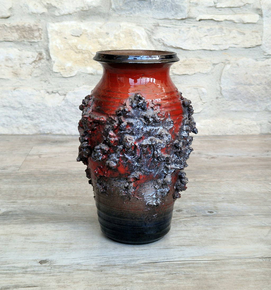 Mid-Century Glit Iceland Lava Pottery Vase Red 23.5cm Volcanic Studio Ceramic