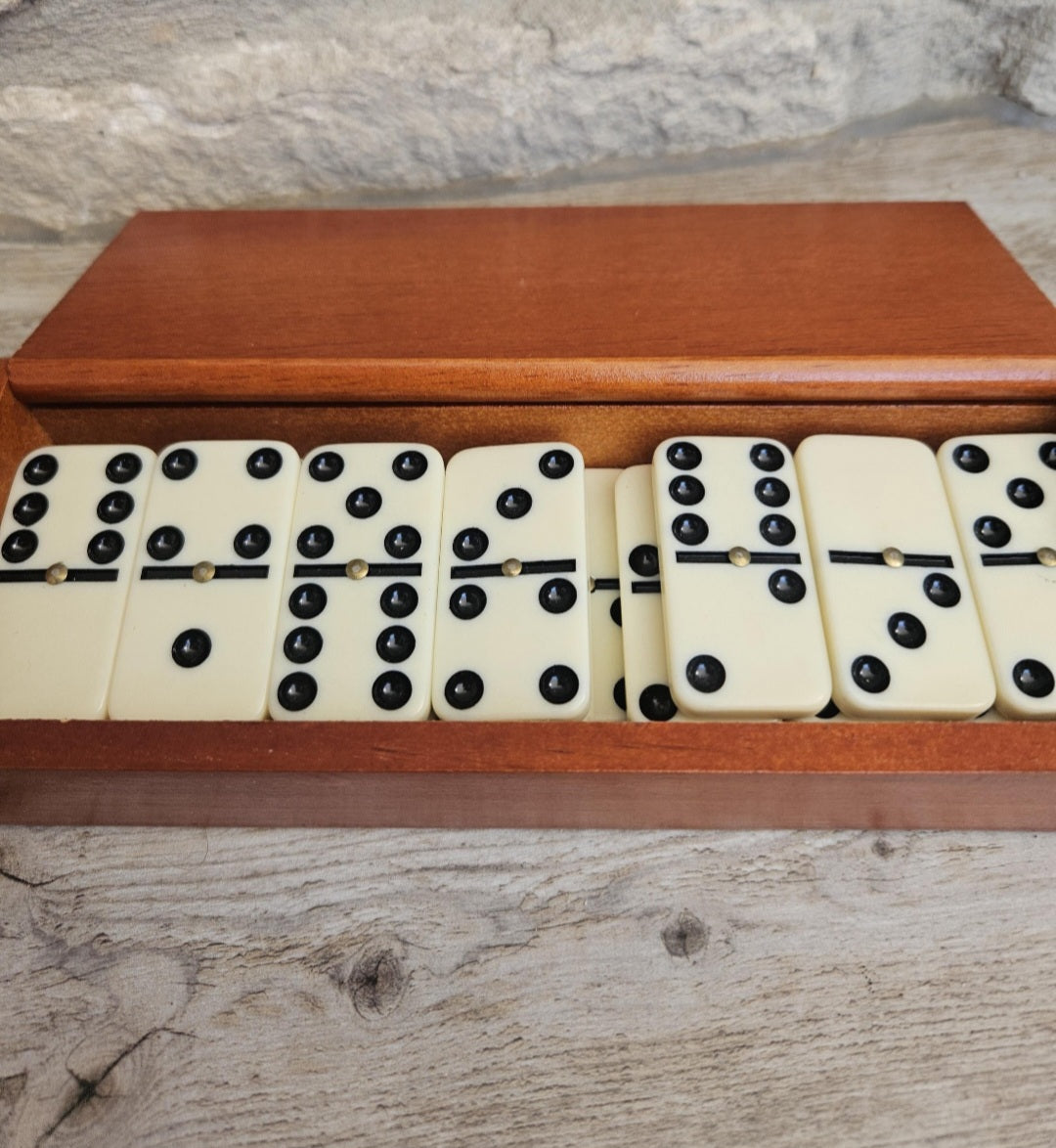 Vintage White Dominoes Set in Wooden Box Rustic Classic Game Gift