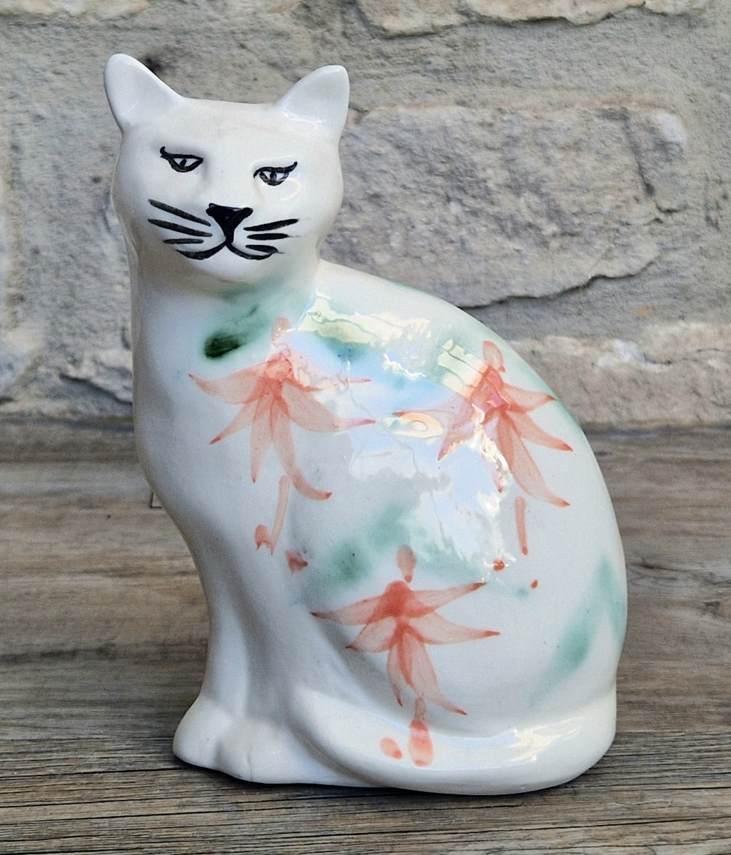 Vintage Moorland Pottery Seated Cat Figurine Hand Painted Fuchsia Floral Staffordshire Art Pottery