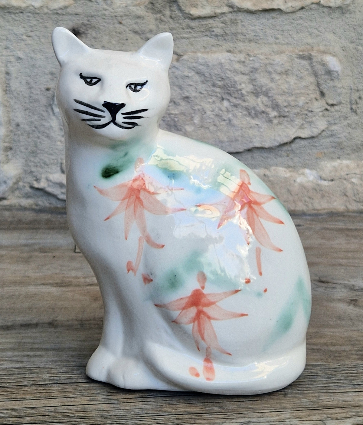 Vintage Moorland Pottery Seated Cat Figurine Hand Painted Fuchsia Floral Staffordshire Art Pottery