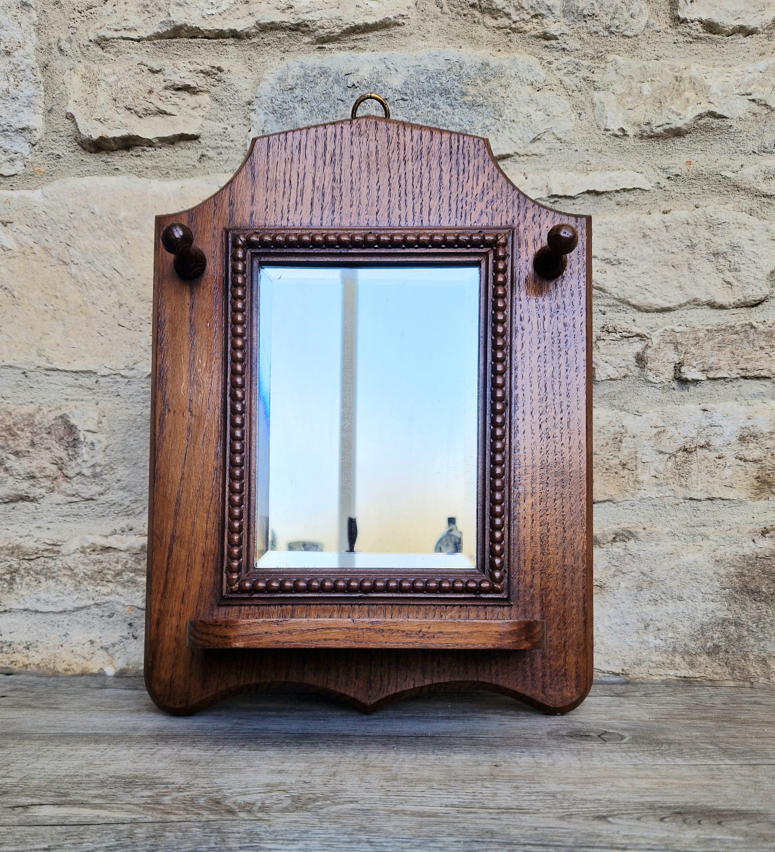 English Oak Arts & Crafts Wall Mirror Bevelled And Beaded Antique Mirror With Shelf And Hooks