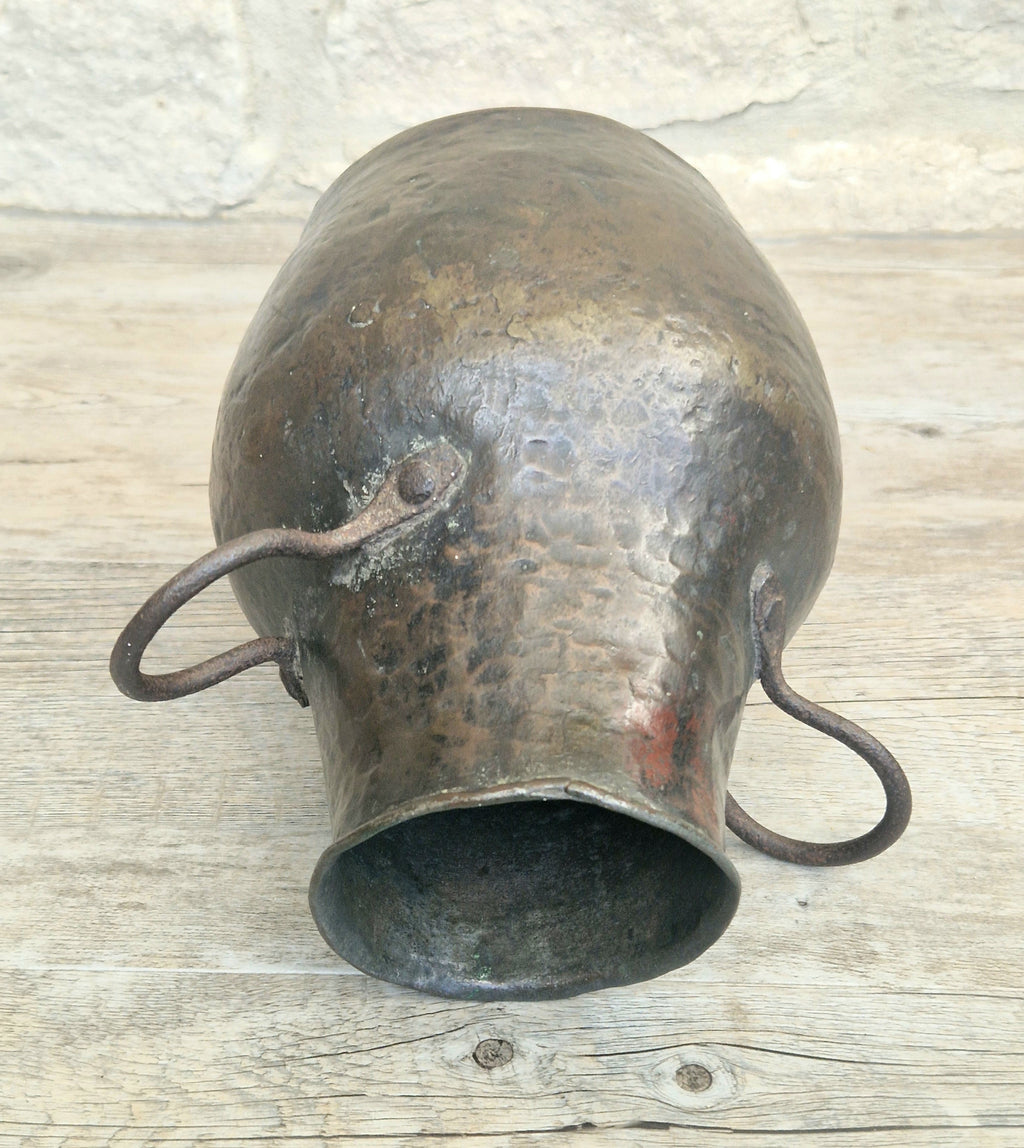 18th Century Hammered Bronze Cauldron Pot Wrought Iron Handles Historic Repair Antique Kitchenalia Vessel