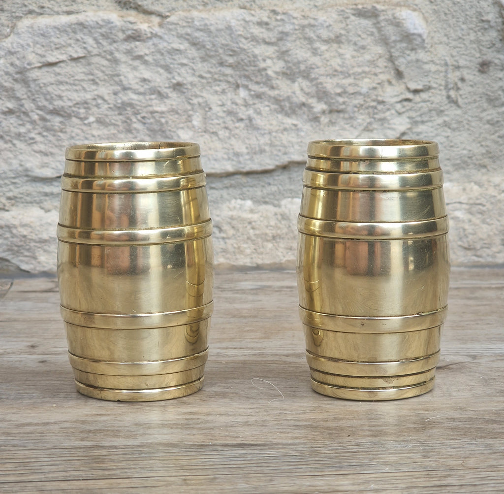 Pair of Vintage Brass Bound Barrel Table Match Holders Desk Pen Holders