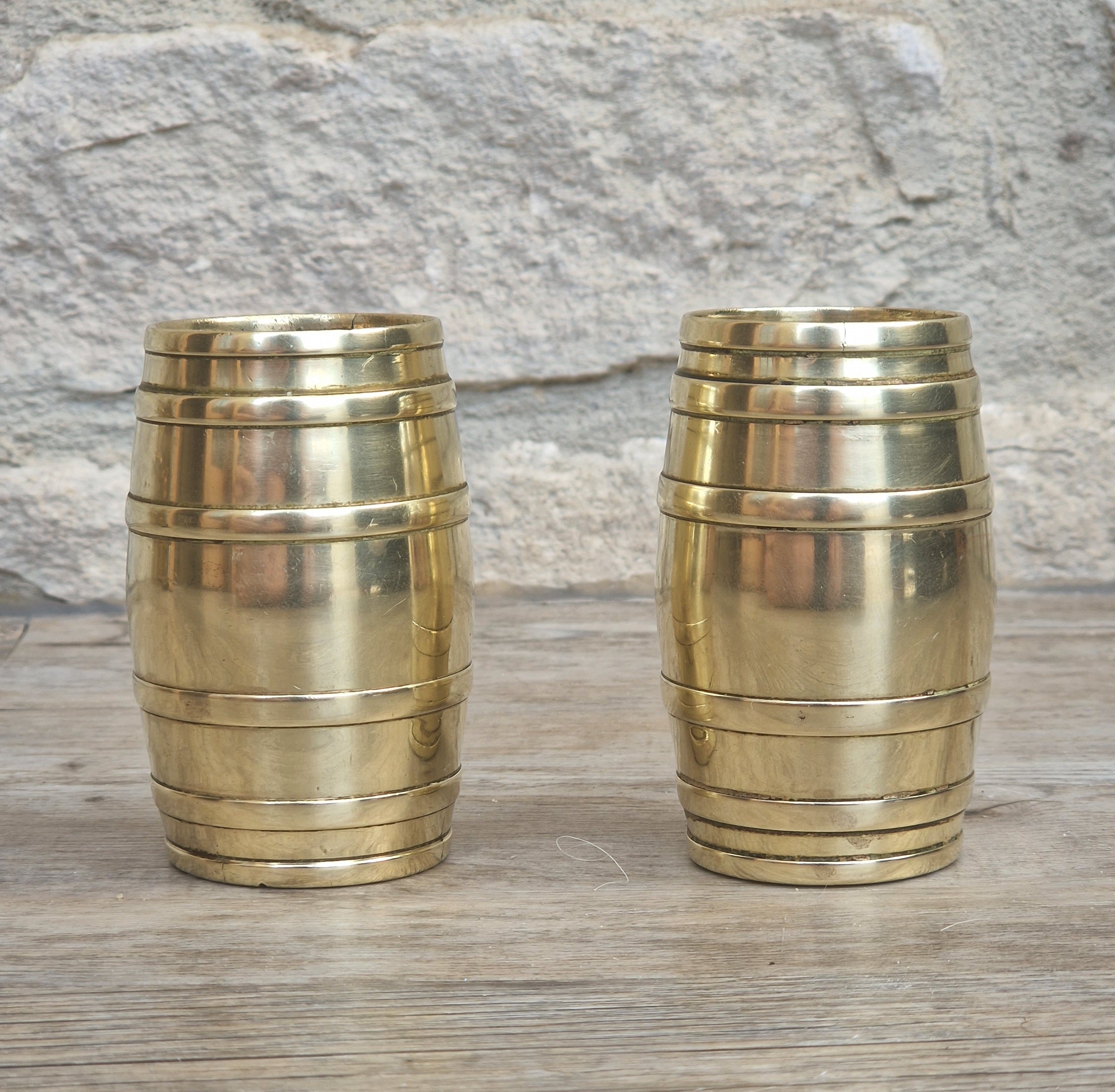 Pair of Vintage Brass Bound Barrel Table Match Holders Desk Pen Holders