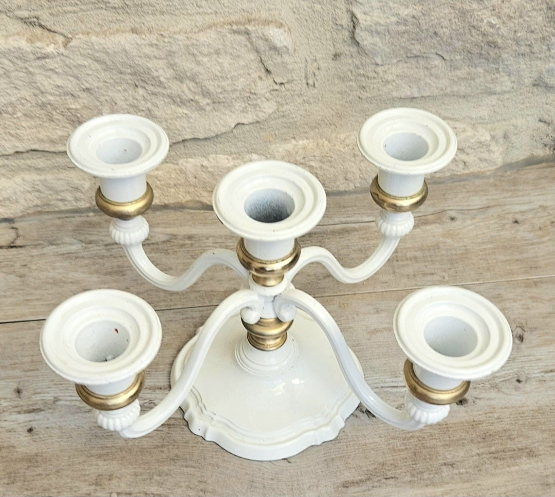 Vintage White Enamel and Gold Five Candle Candelabra Four Arm Elegant Metal Centerpiece