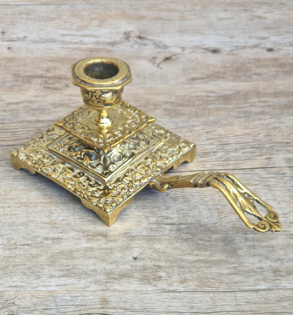 Fine French Antique Rococo Solid Brass Square Tiered Footed Chamberstick