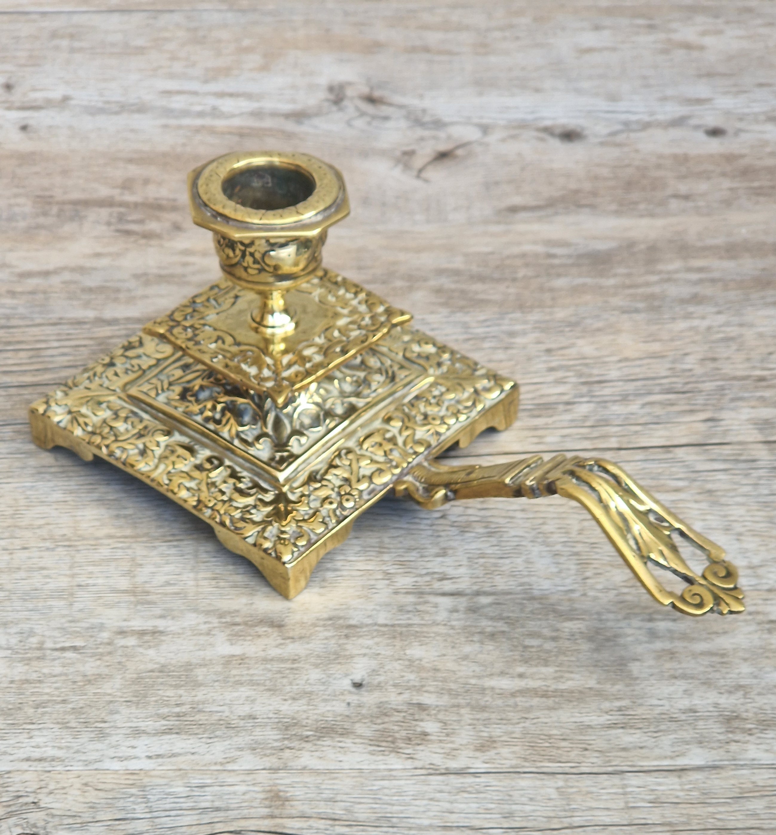 Fine French Antique Rococo Solid Brass Square Tiered Footed Chamberstick