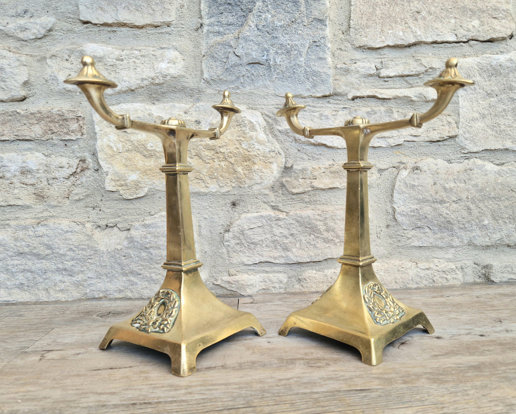 Louis XVI Revival Cast Brass Andirons Fire Dogs Wreath Relief Decoration Pair (c.1870–1900)