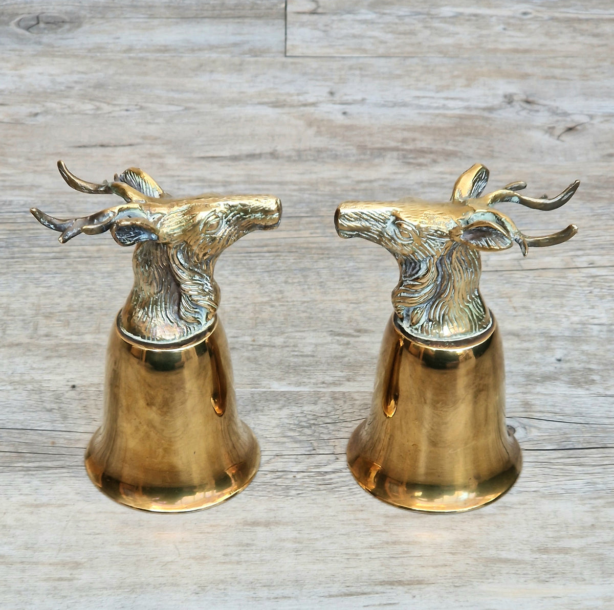 Pair Vintage Brass Stag Stirrup Cups Silver Plated Interiors Naturally Patinated Hunting Barware 1970s