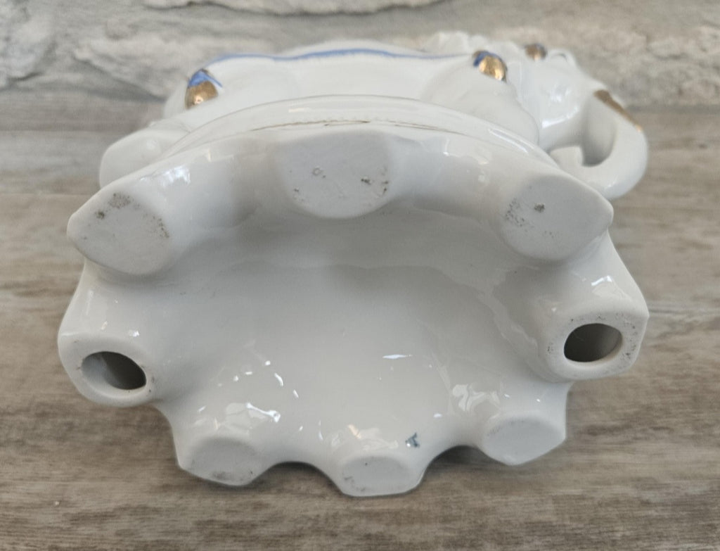 Vintage Elephant Figurine Porcelain Gold Accents Blue & White Floral Pattern Ceramic 7" Tall