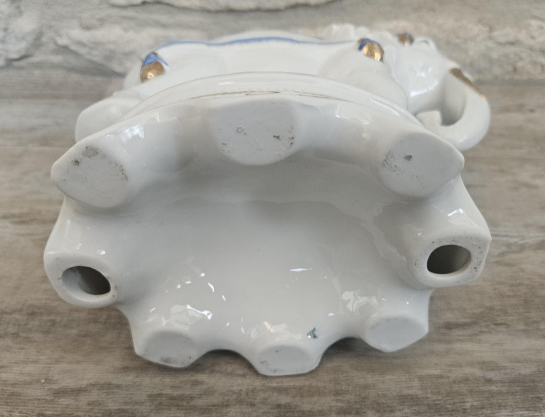 Vintage Elephant Figurine Porcelain Gold Accents Blue & White Floral Pattern Ceramic 7" Tall