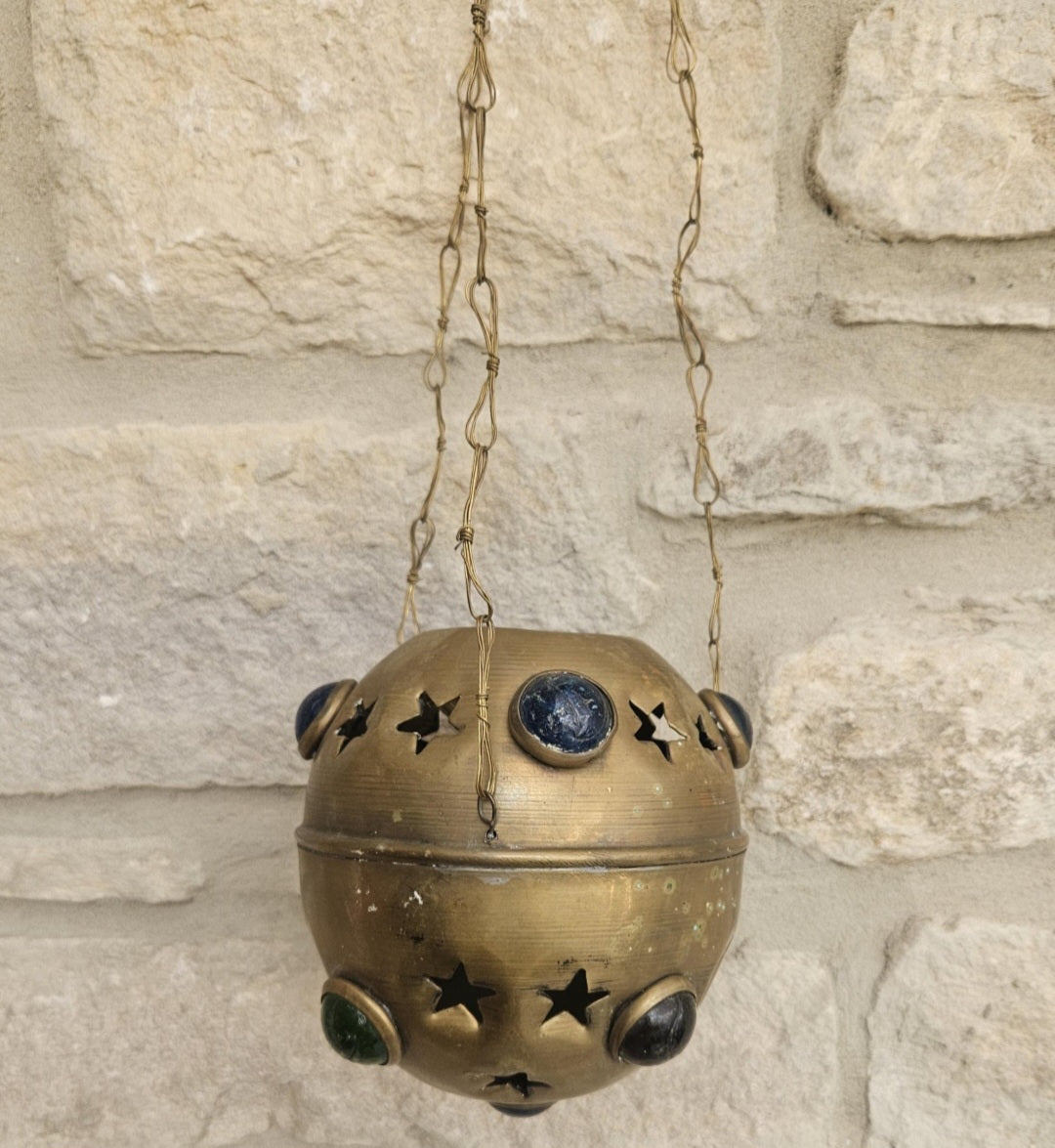 Vintage Pierced Brass Hanging Lantern with cabouchon verdigris Bohemian Moroccan