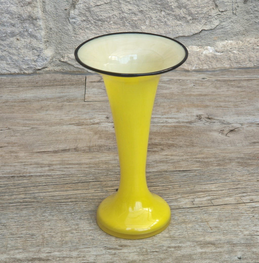Vintage Bright Yellow Tango Glass Trumpet Vase with Black Rim 16cm