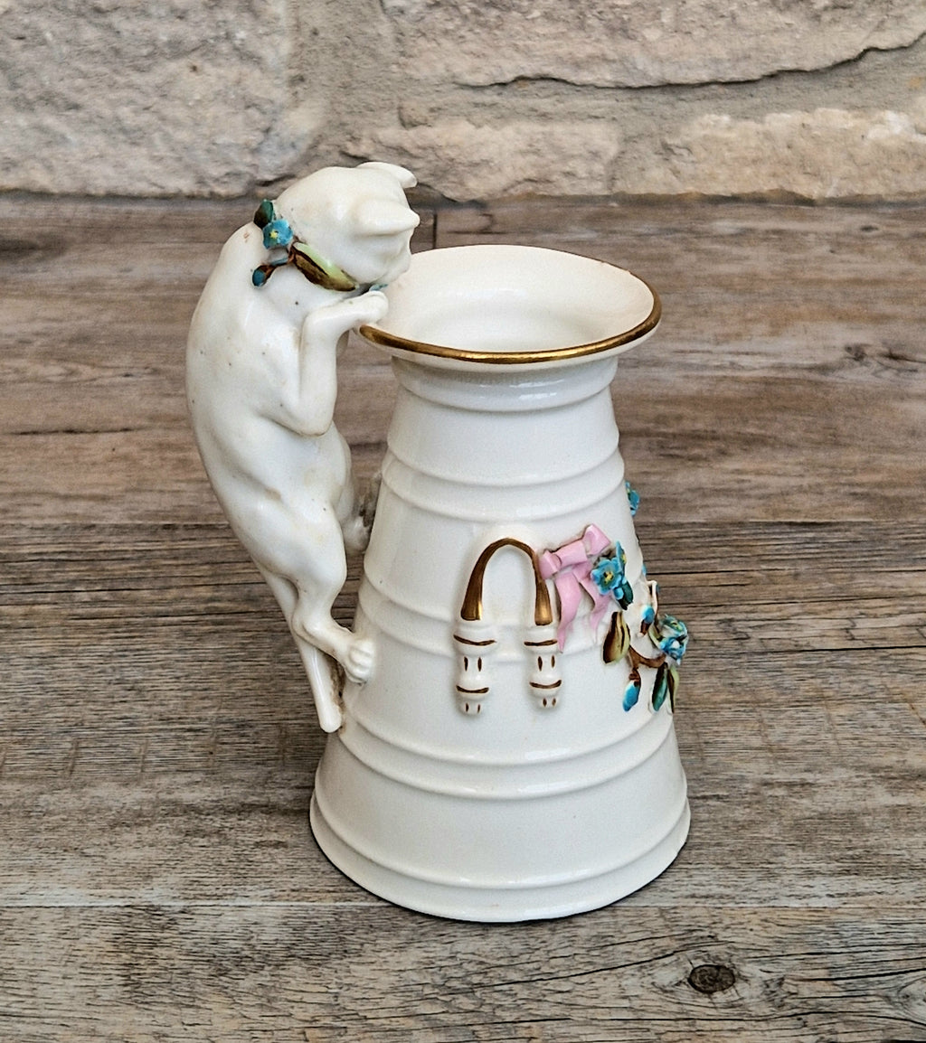 Antique Copeland Porcelain Cat Cream Churn Vases Pair Floral Applied Flowers Gilt 19th Century