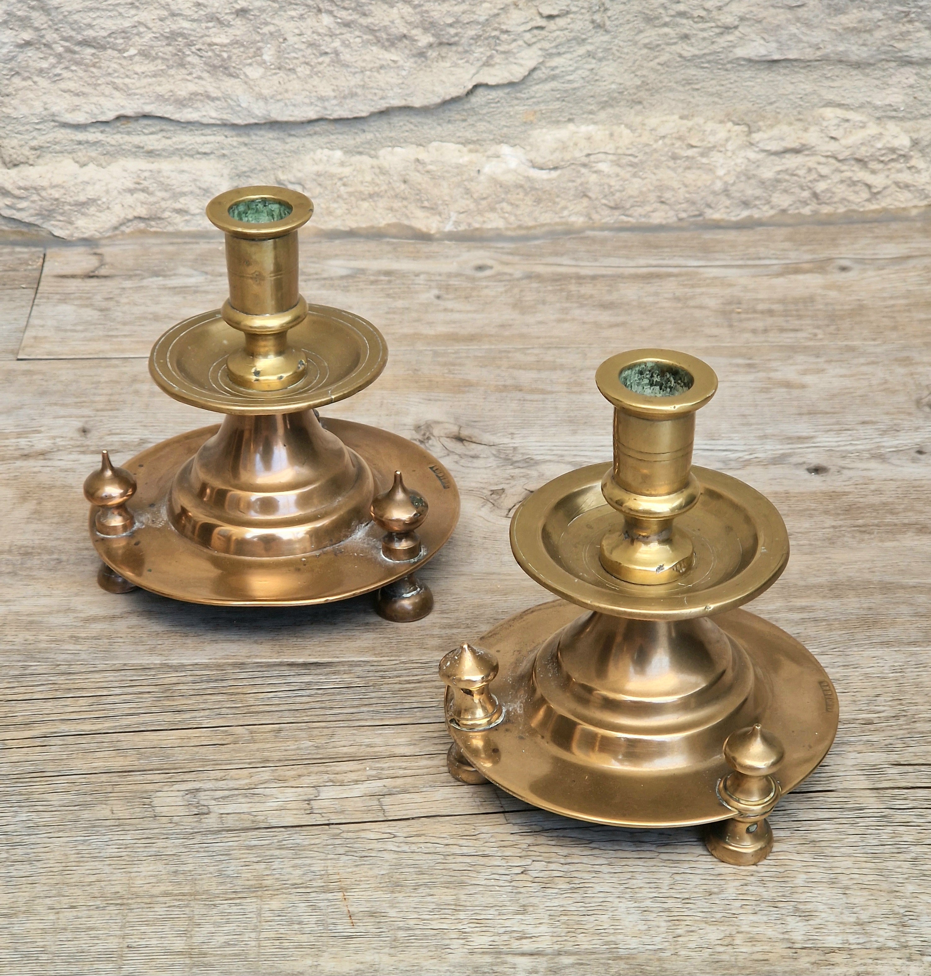 Pair of 19th Century Judin Signed Czarist Era Russian Bronzed Sabbath Bun Footed Capstan Candle Holders.