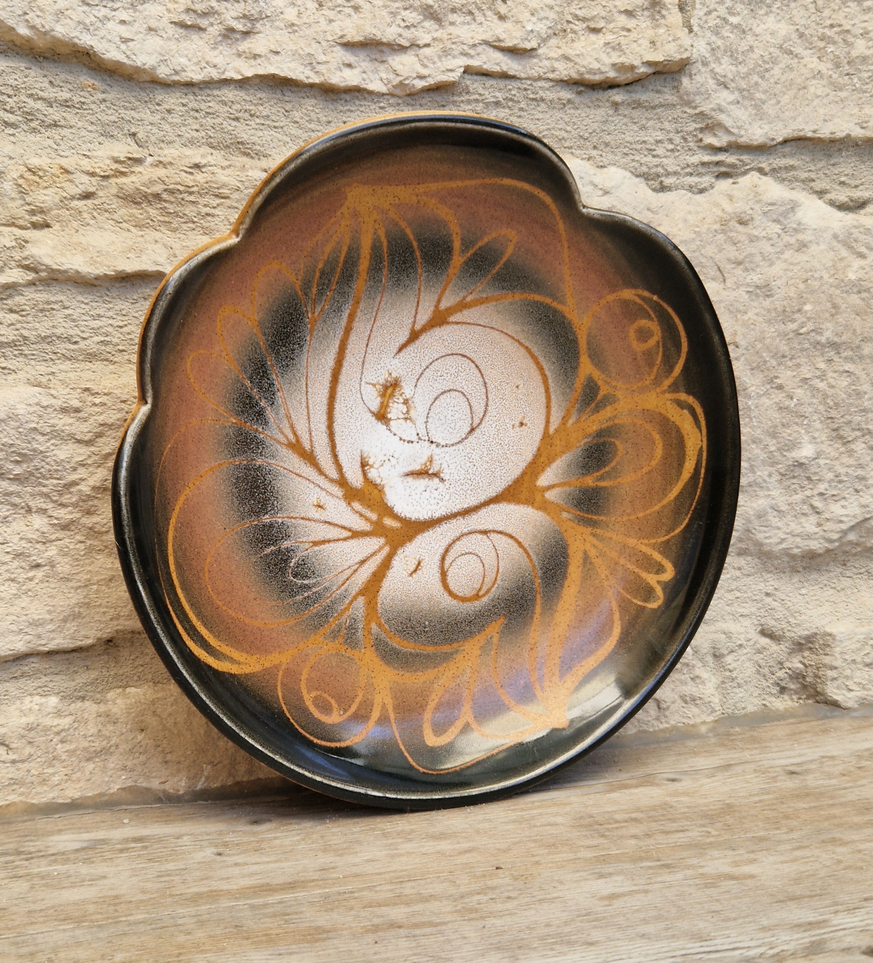 Poole Pottery Aegean "Sweetheart" Fluted Bowl Hand-Painted Stylized Butterfly Motif by Janet Brown Signed 1970s