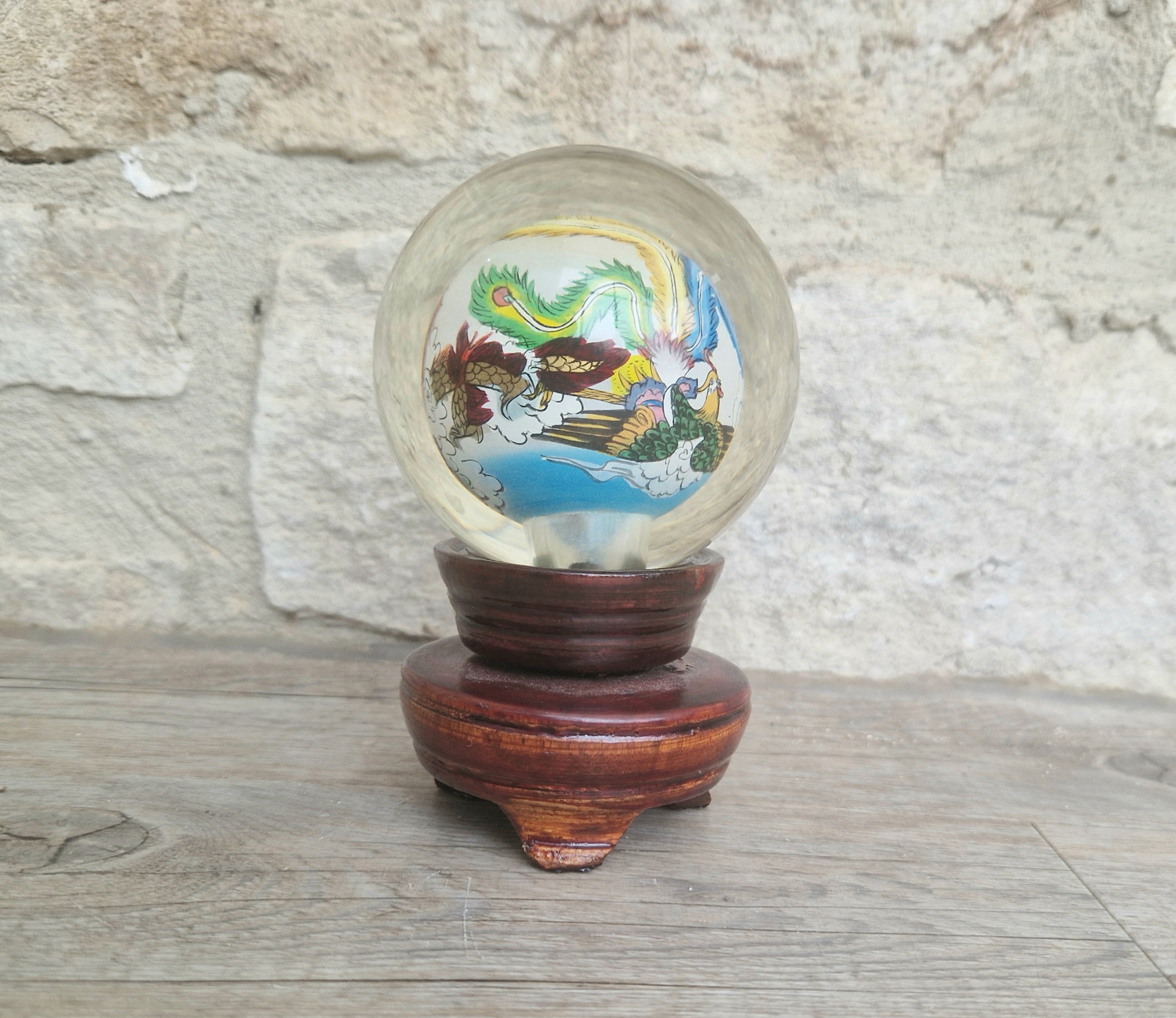 Vintage Chinese Reverse Painted Dragon & Pheonix Crystal Glass Ball Mounted Plinth