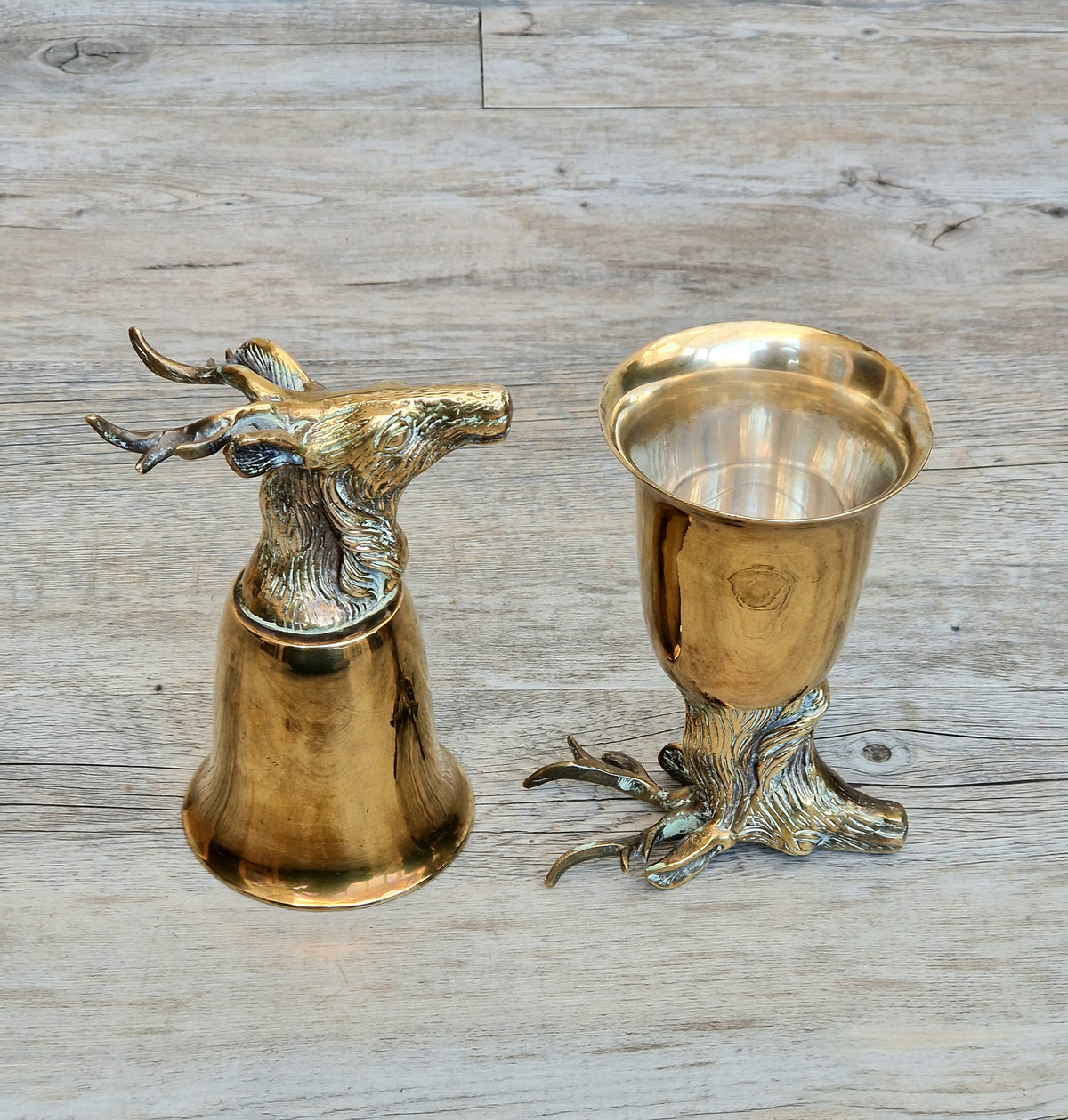 Pair Vintage Brass Stag Stirrup Cups Silver Plated Interiors Naturally Patinated Hunting Barware 1970s