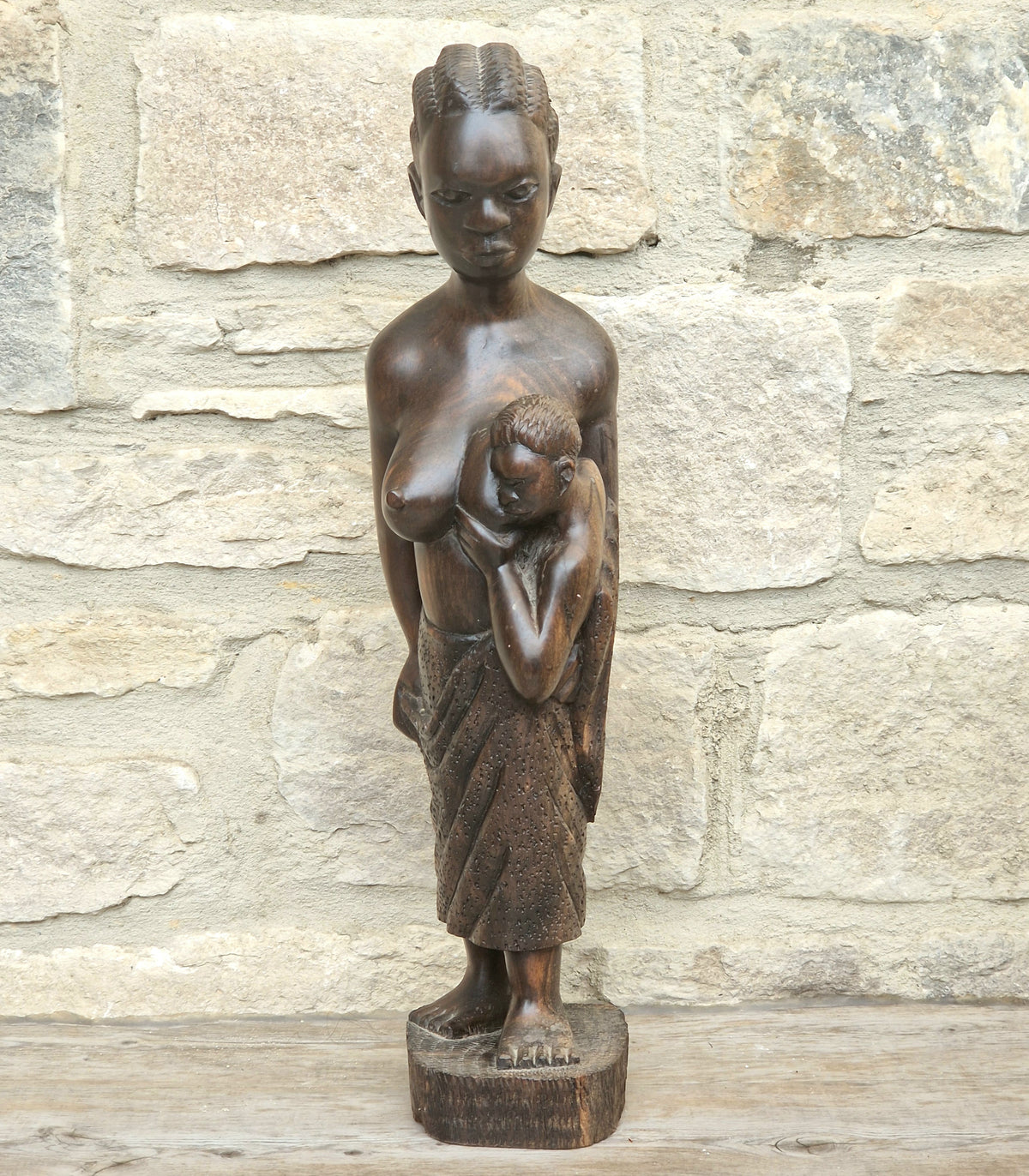 Vintage African Ebony Wood Mother Child Statue Hand Carved Tribal Figurine Boho Ethnic Home Decor