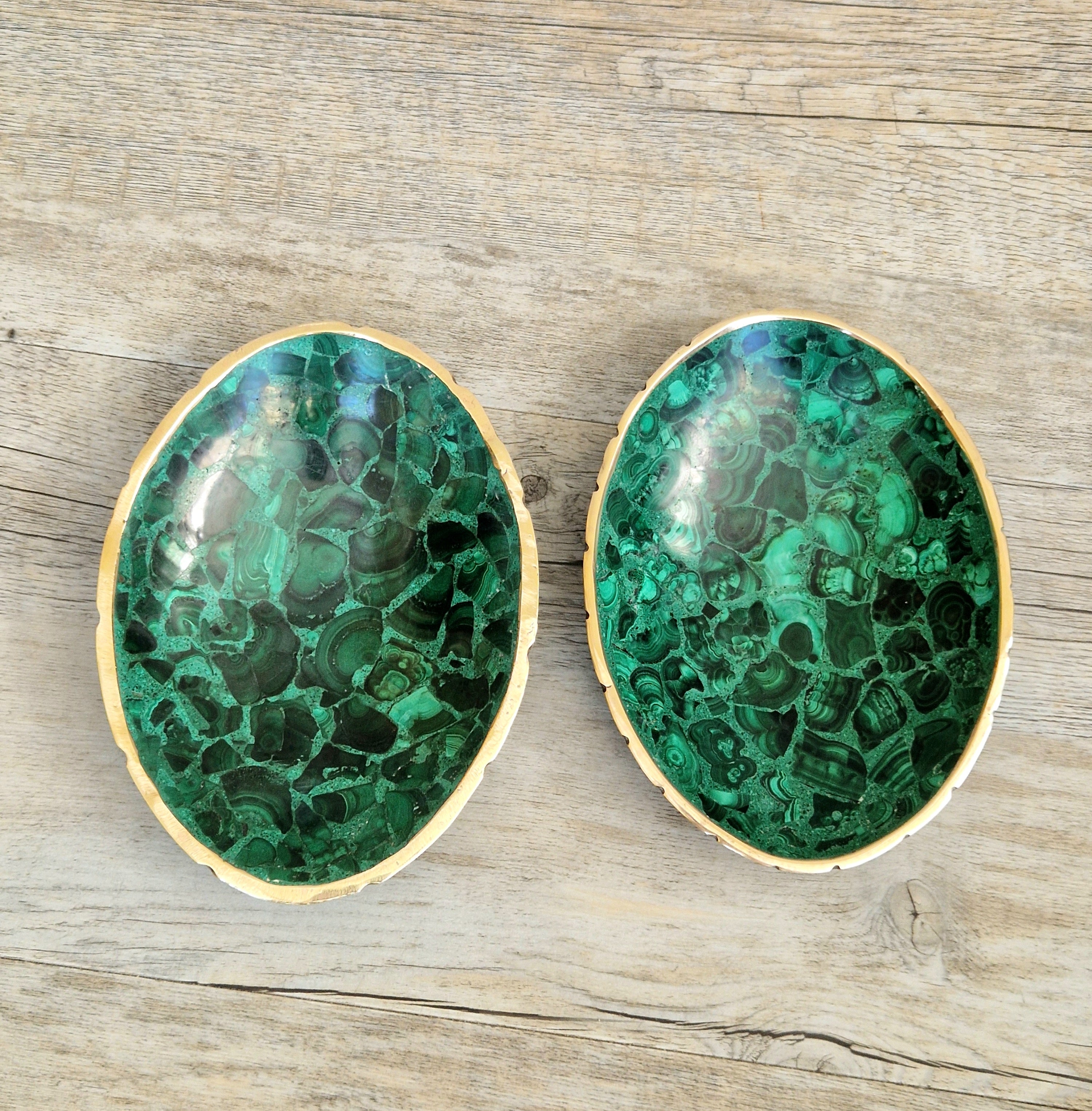 Pair of Stunning Fine Midcentury Malachite & Brass Oval Vide Poche Catch-All Decorative Bowls