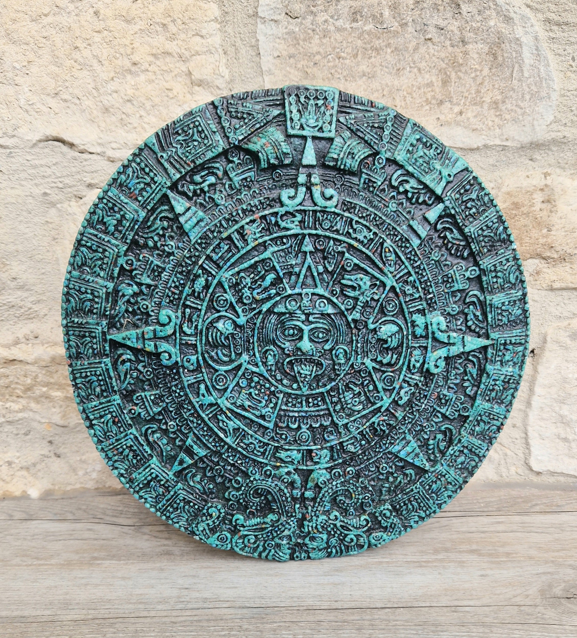 Vintage Green Malachite Composite Aztec Sun Stone Calendar Stone Wall Plaque