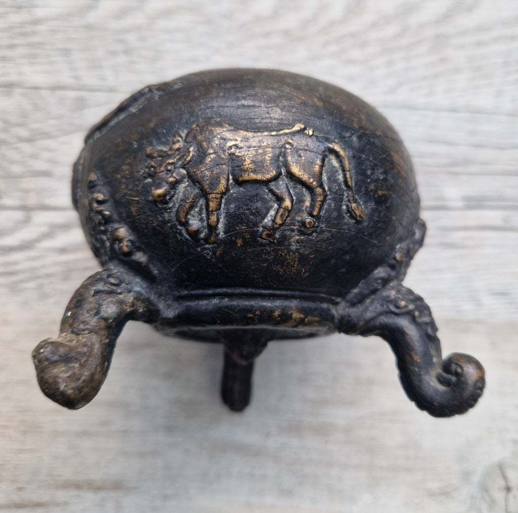 Ancient Chinese Bronze Tri-Foot Lidded Censer Mythic Creatures Reliefs